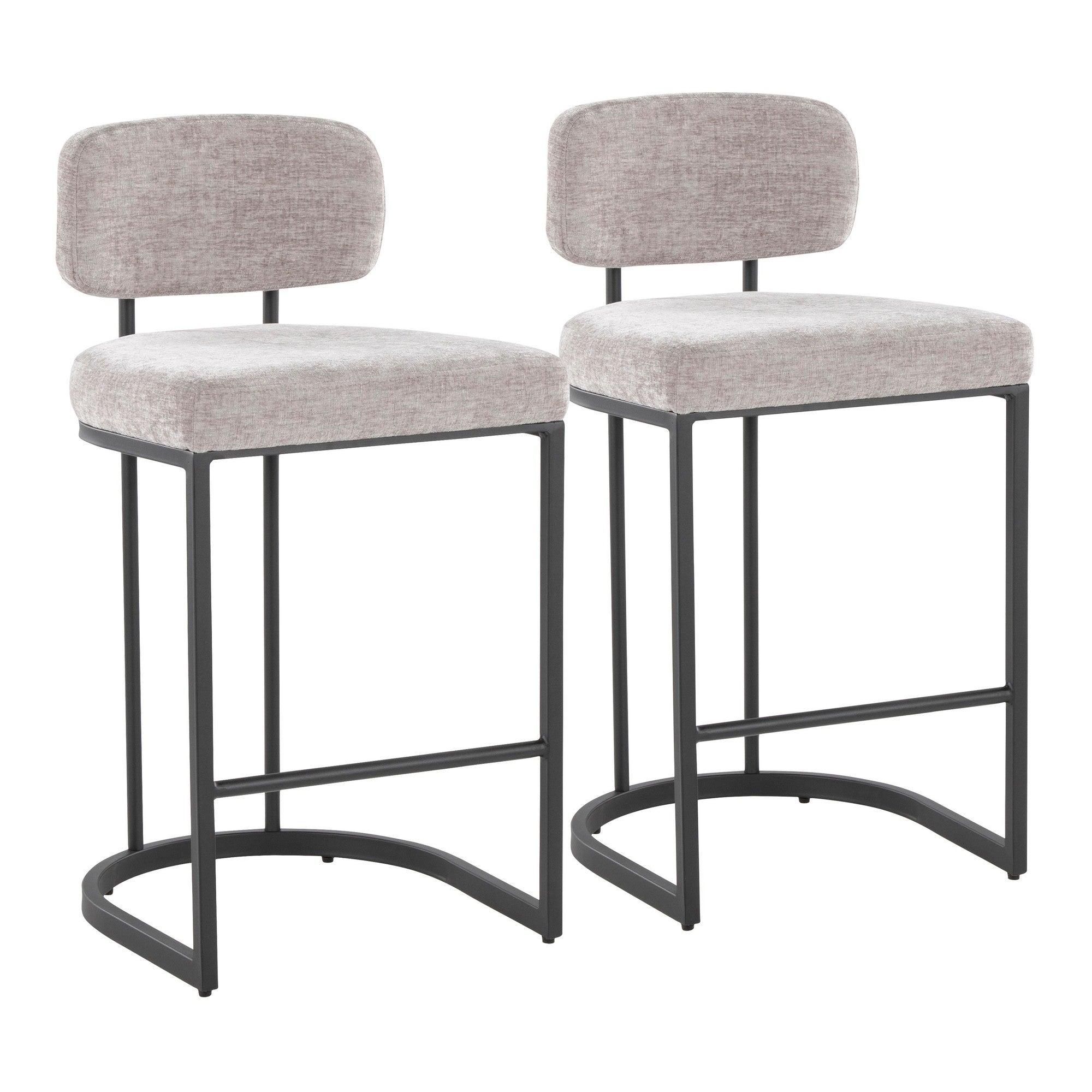 Mid-back Demi 26" Fixed-Height Counter Stool - Set of 2 - Black Metal, Light Grey Fabric