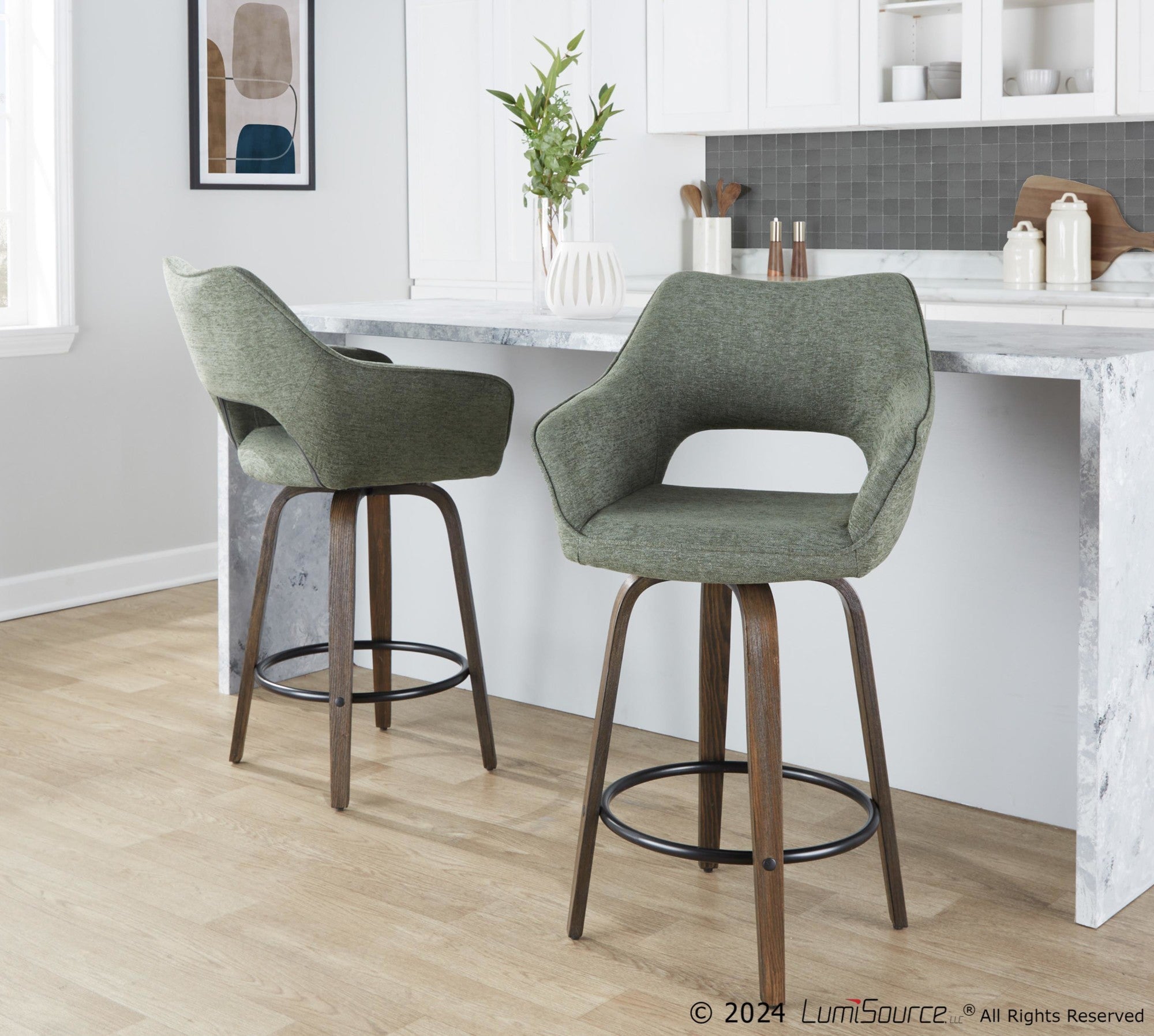 Mustang 26" Fixed-Height Counter Stool - Set of 2 - Walnut Glazed Wood, Green Fabric, Black Metal