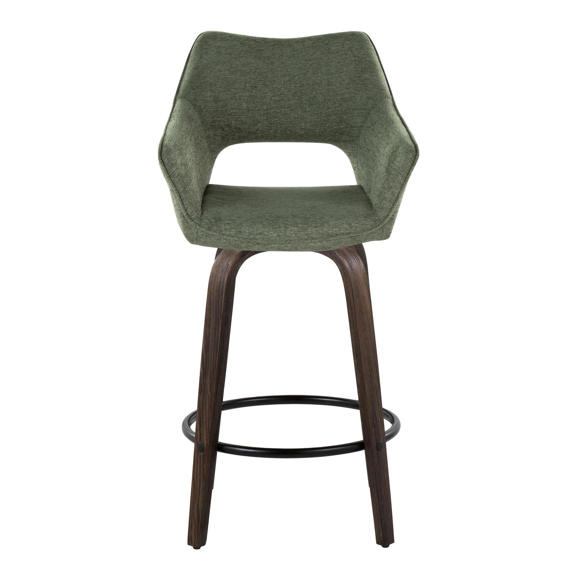 Mustang 26" Fixed-Height Counter Stool - Set of 2 - Walnut Glazed Wood, Green Fabric, Black Metal