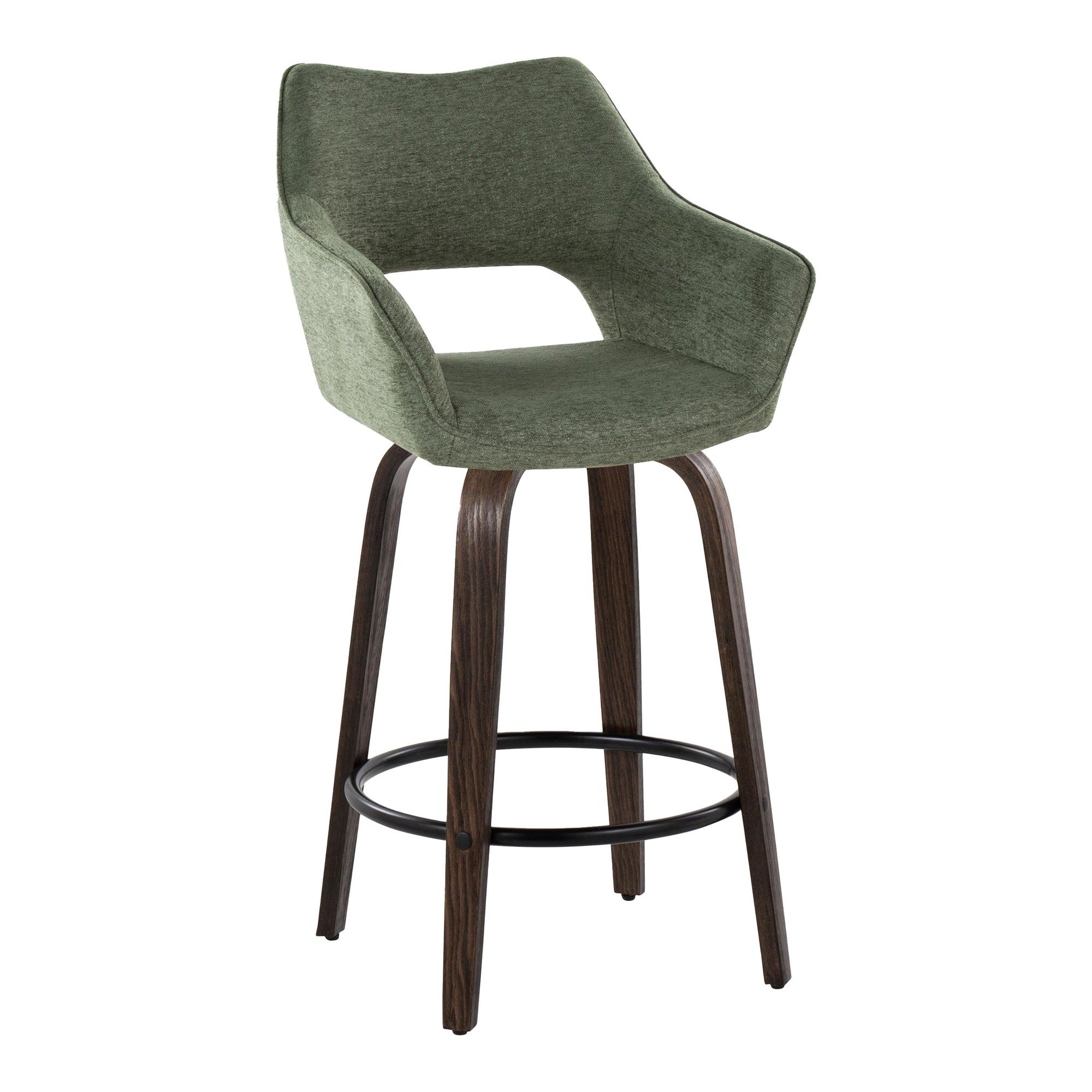 Mustang 26" Fixed-Height Counter Stool - Set of 2 - Walnut Glazed Wood, Green Fabric, Black Metal