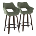 Mustang 26" Fixed-Height Counter Stool - Set of 2 - Walnut Glazed Wood, Green Fabric, Black Metal