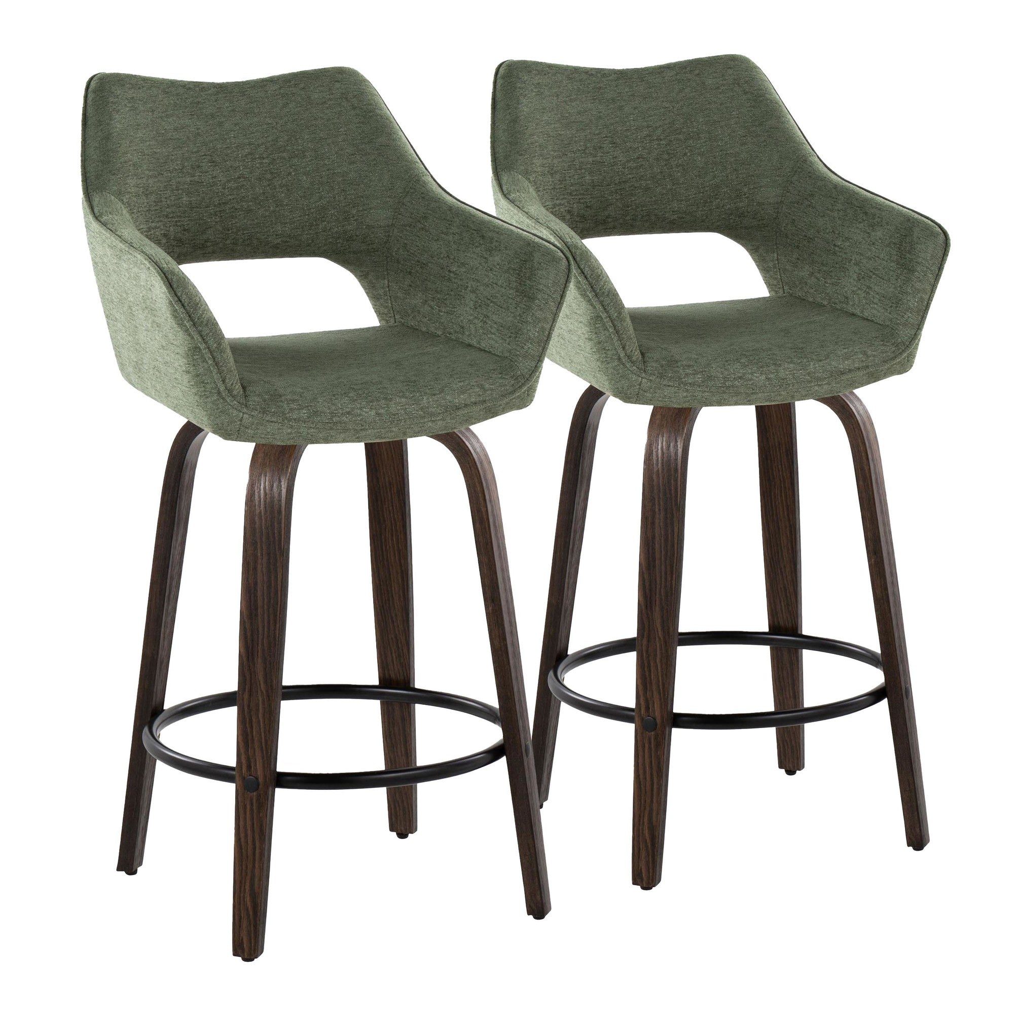 Mustang 26" Fixed-Height Counter Stool - Set of 2 - Walnut Glazed Wood, Green Fabric, Black Metal