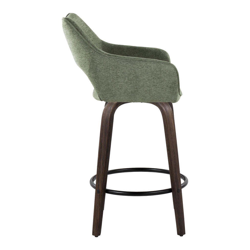 Mustang 26" Fixed-Height Counter Stool - Set of 2 - Walnut Glazed Wood, Green Fabric, Black Metal