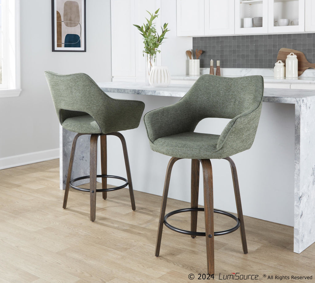 Mustang 26" Fixed-Height Counter Stool - Set of 2 - Walnut Glazed Wood, Green Fabric, Black Metal