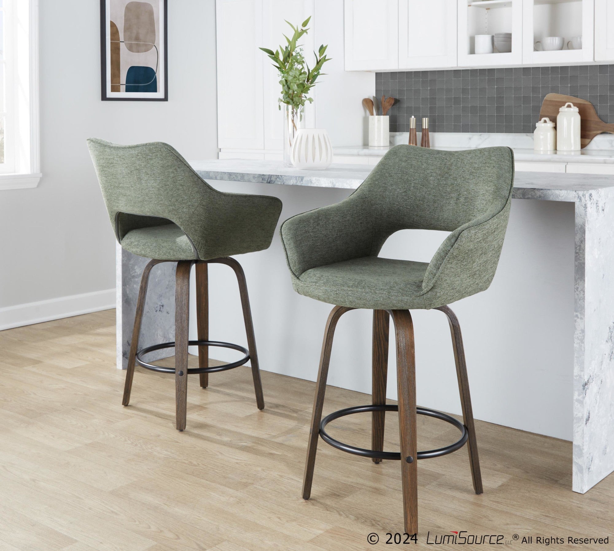 Mustang 26" Fixed-Height Counter Stool - Set of 2 - Walnut Glazed Wood, Green Fabric, Black Metal