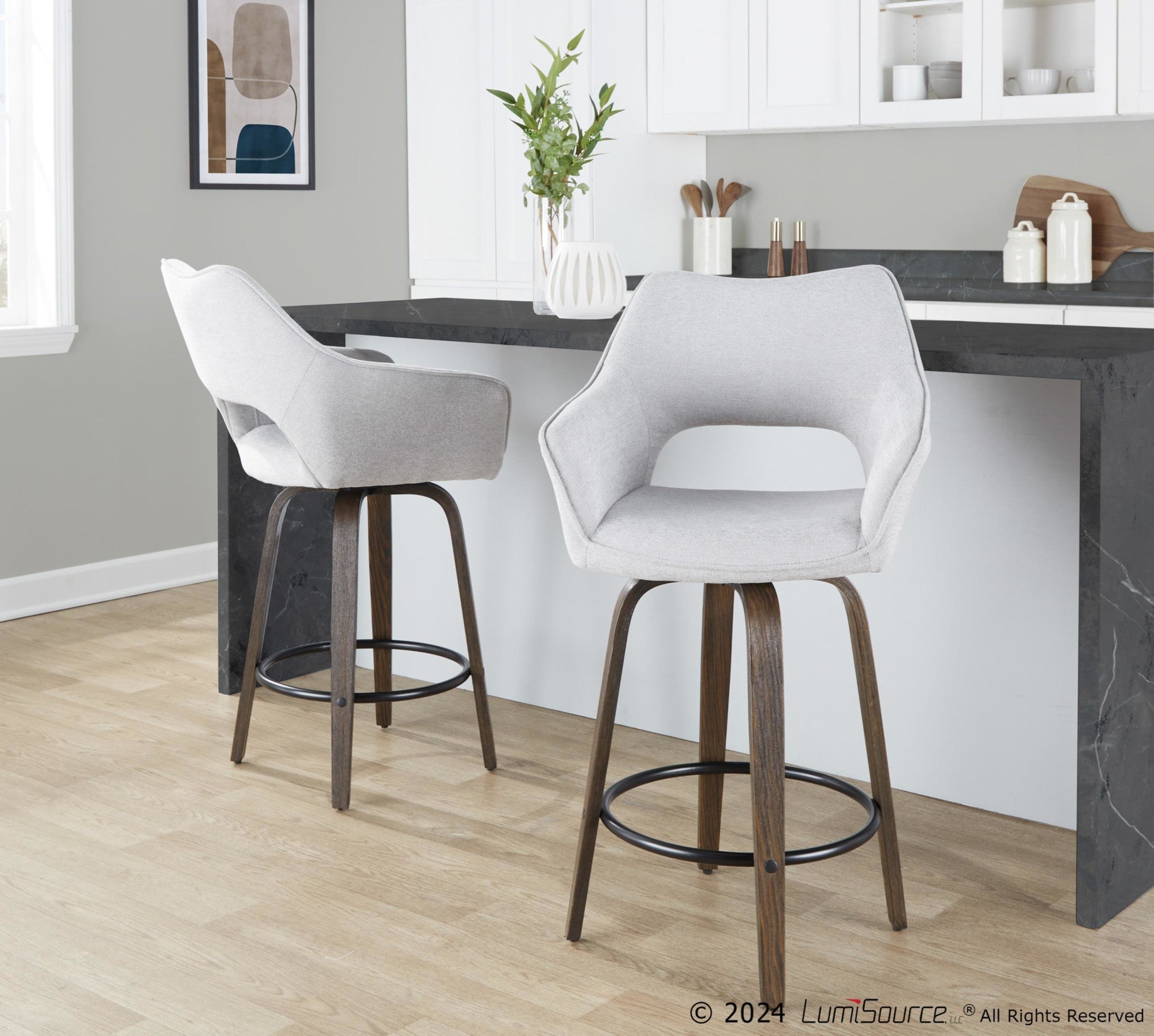 Mustang 26" Fixed-Height Counter Stool - Set of 2 - Walnut Glazed Wood, Grey Fabric, Black Metal