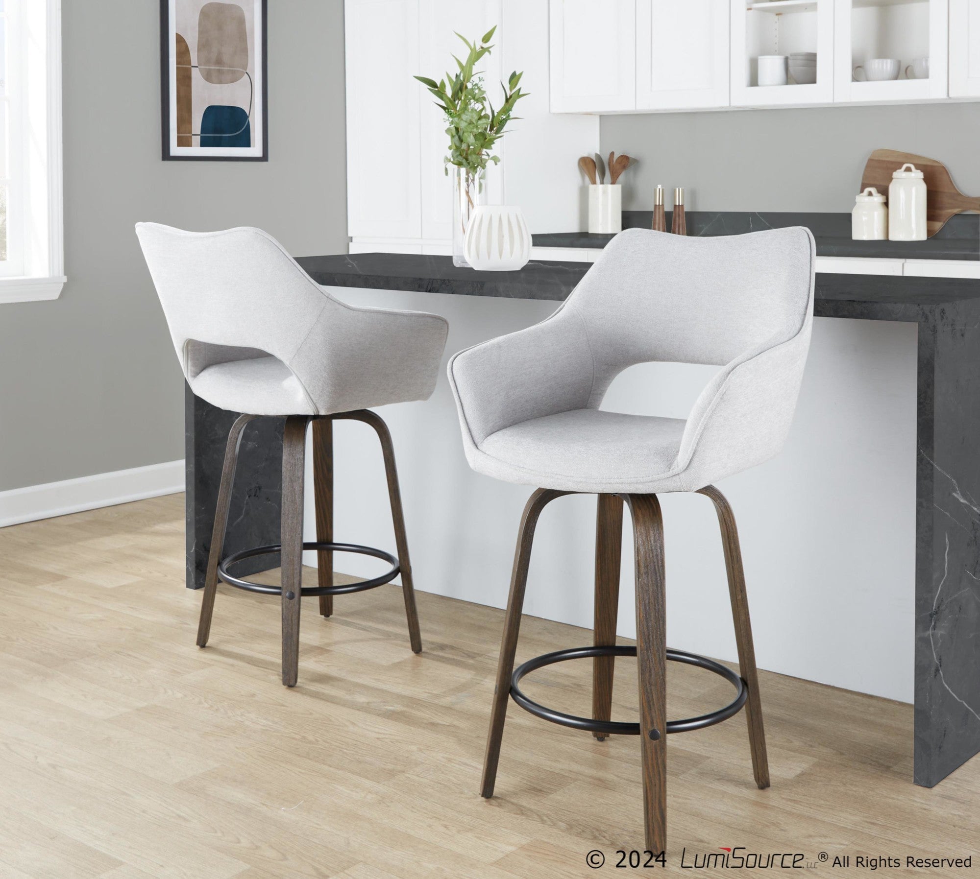 Mustang 26" Fixed-Height Counter Stool - Set of 2 - Walnut Glazed Wood, Grey Fabric, Black Metal