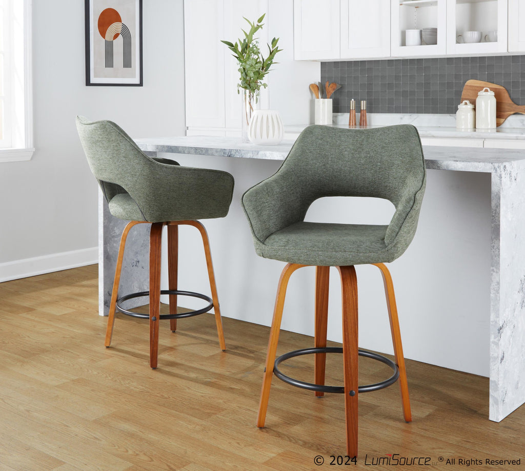 Mustang 26" Fixed-Height Counter Stool - Set of 2 - Walnut Wood, Green Fabric, Black Metal