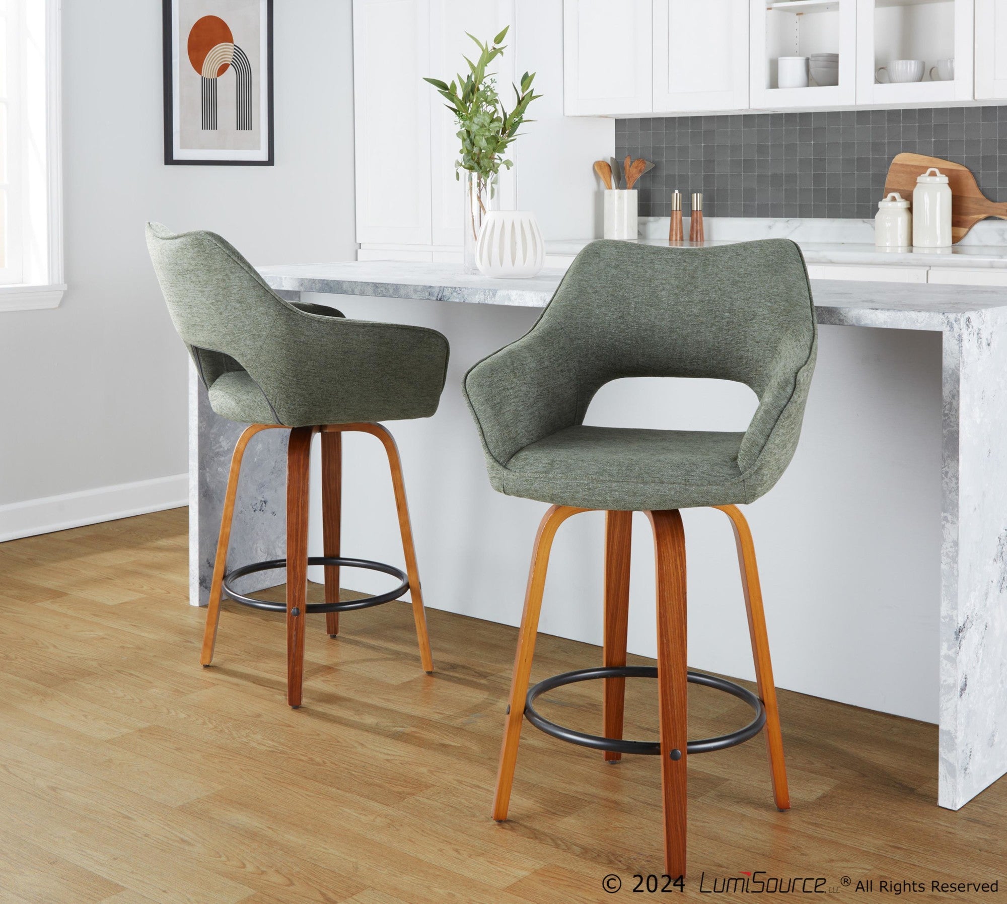 Mustang 26" Fixed-Height Counter Stool - Set of 2 - Walnut Wood, Green Fabric, Black Metal