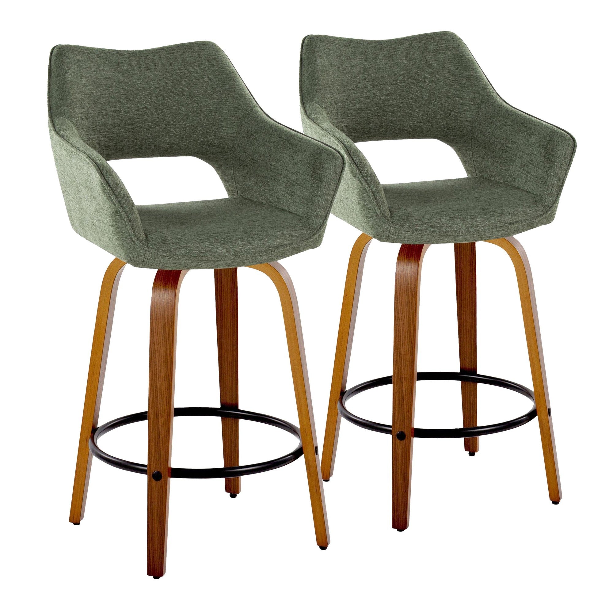 Mustang 26" Fixed-Height Counter Stool - Set of 2 - Walnut Wood, Green Fabric, Black Metal