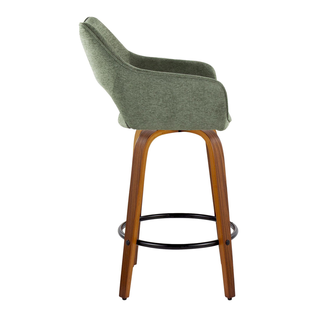 Mustang 26" Fixed-Height Counter Stool - Set of 2 - Walnut Wood, Green Fabric, Black Metal