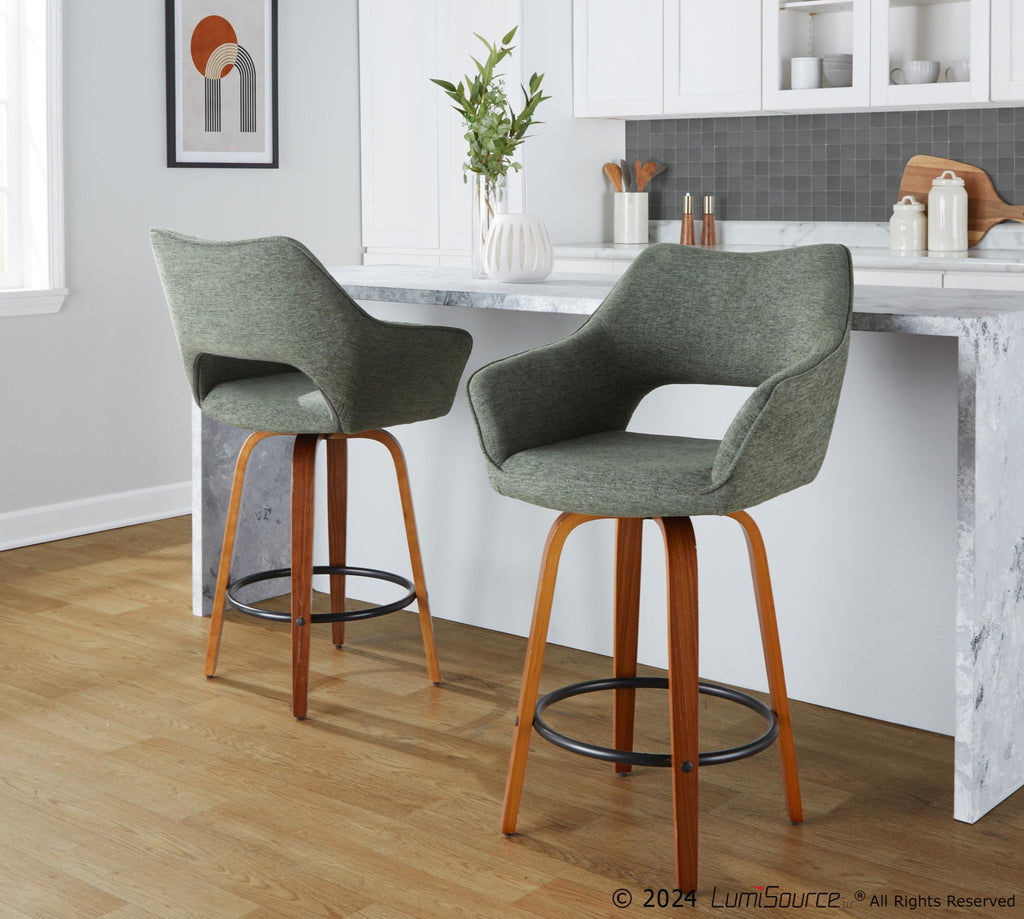 Mustang 26" Fixed-Height Counter Stool - Set of 2 - Walnut Wood, Green Fabric, Black Metal