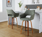 Mustang 26" Fixed-Height Counter Stool - Set of 2 - Walnut Wood, Green Fabric, Black Metal
