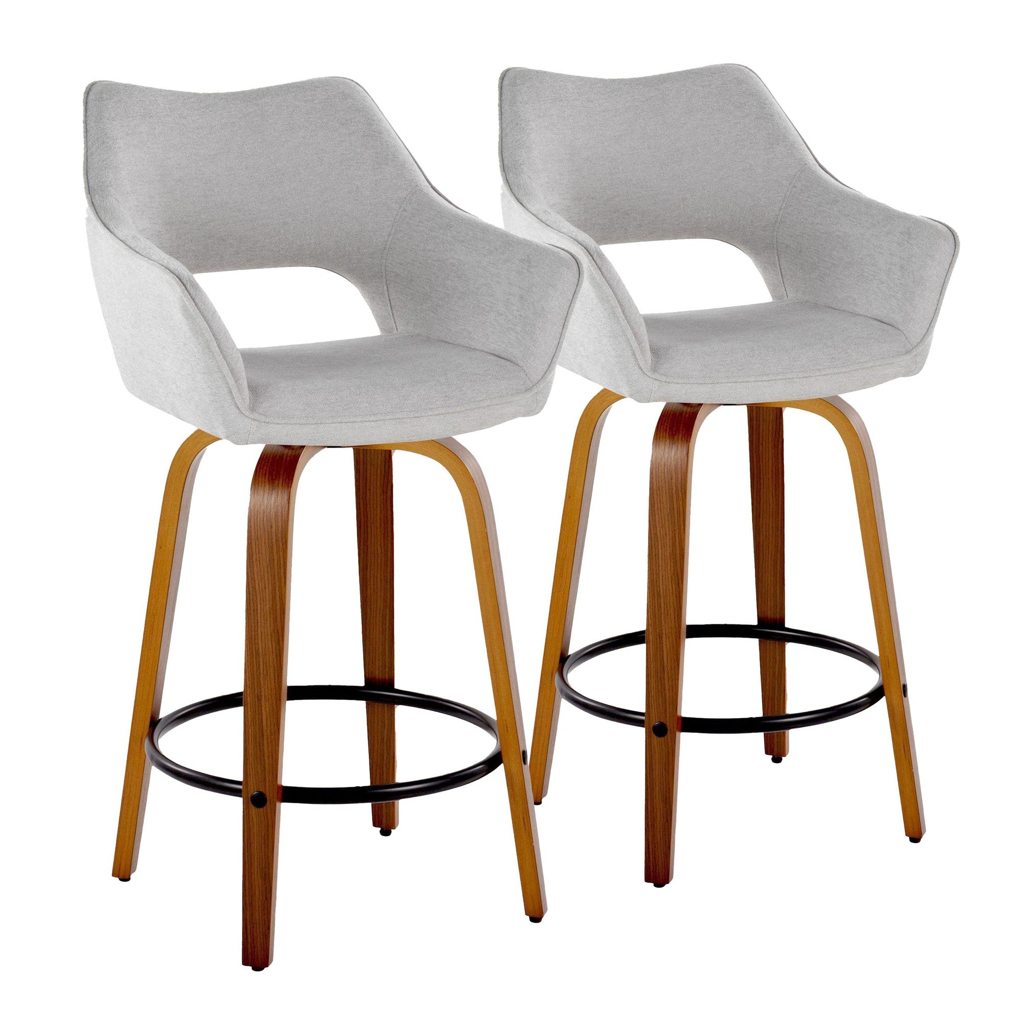 Mustang 26" Fixed-Height Counter Stool - Set of 2 - Walnut Wood, Grey Fabric, Black Metal