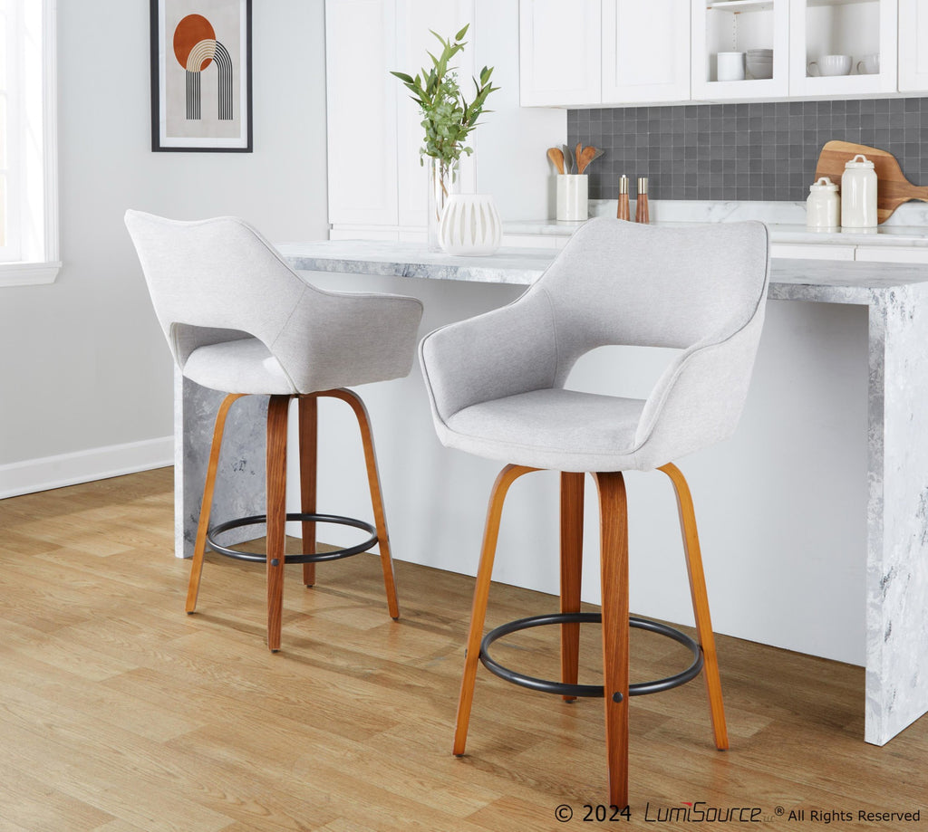 Mustang 26" Fixed-Height Counter Stool - Set of 2 - Walnut Wood, Grey Fabric, Black Metal