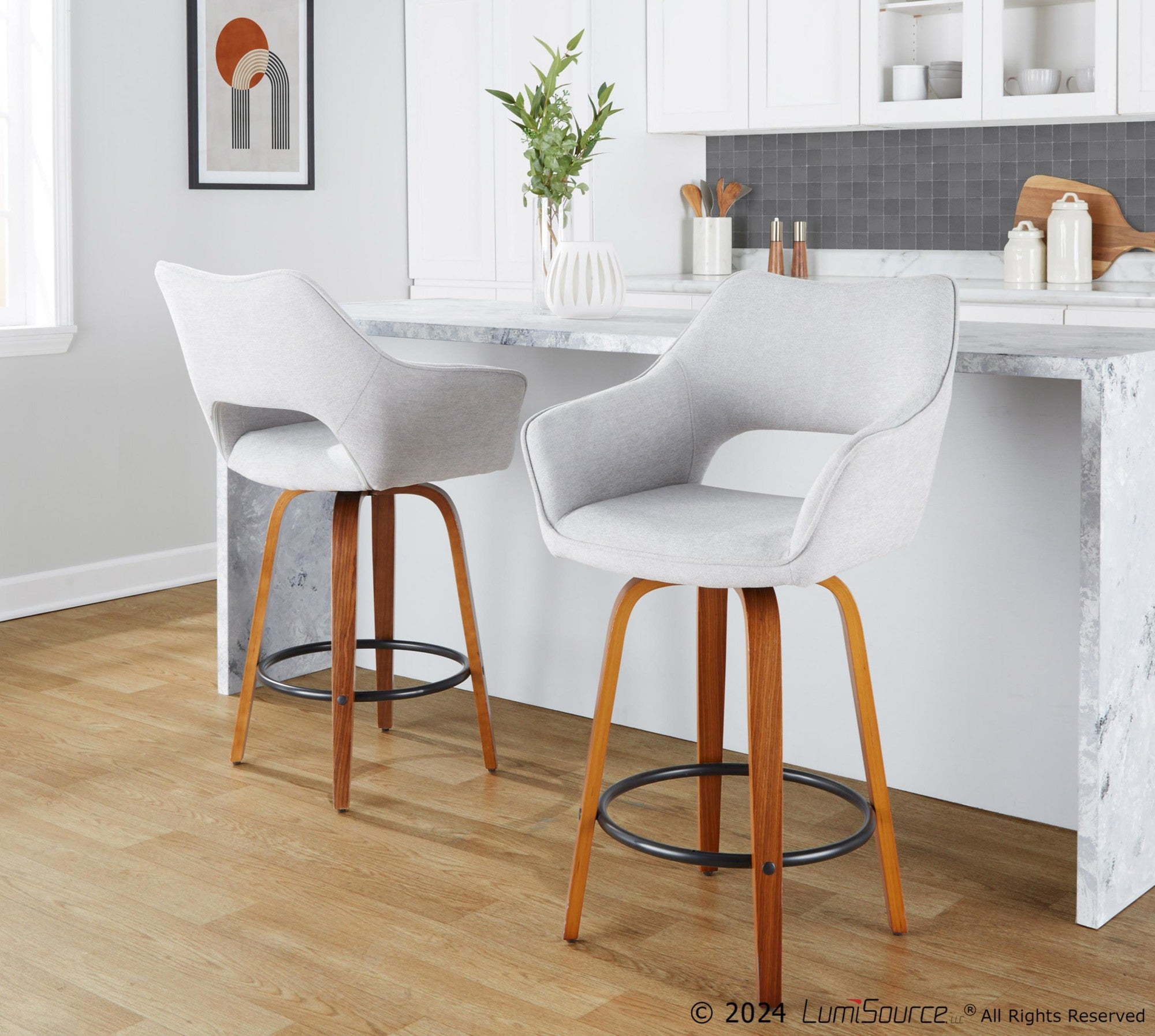 Mustang 26" Fixed-Height Counter Stool - Set of 2 - Walnut Wood, Grey Fabric, Black Metal