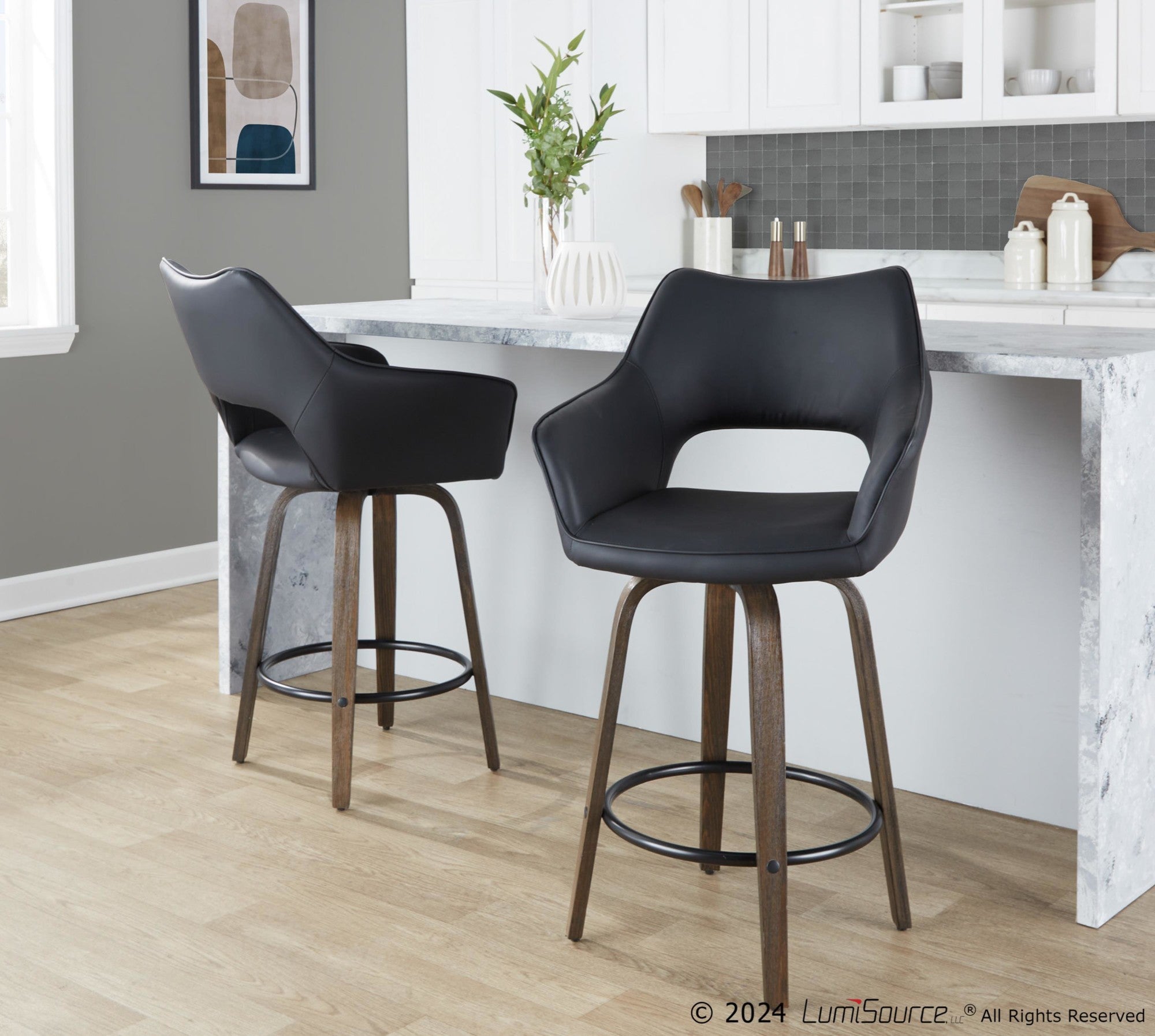 Mustang 26" Fixed-Height Counter Stool - Set of 2 - Walnut Glazed Wood, Black PU, Black Metal