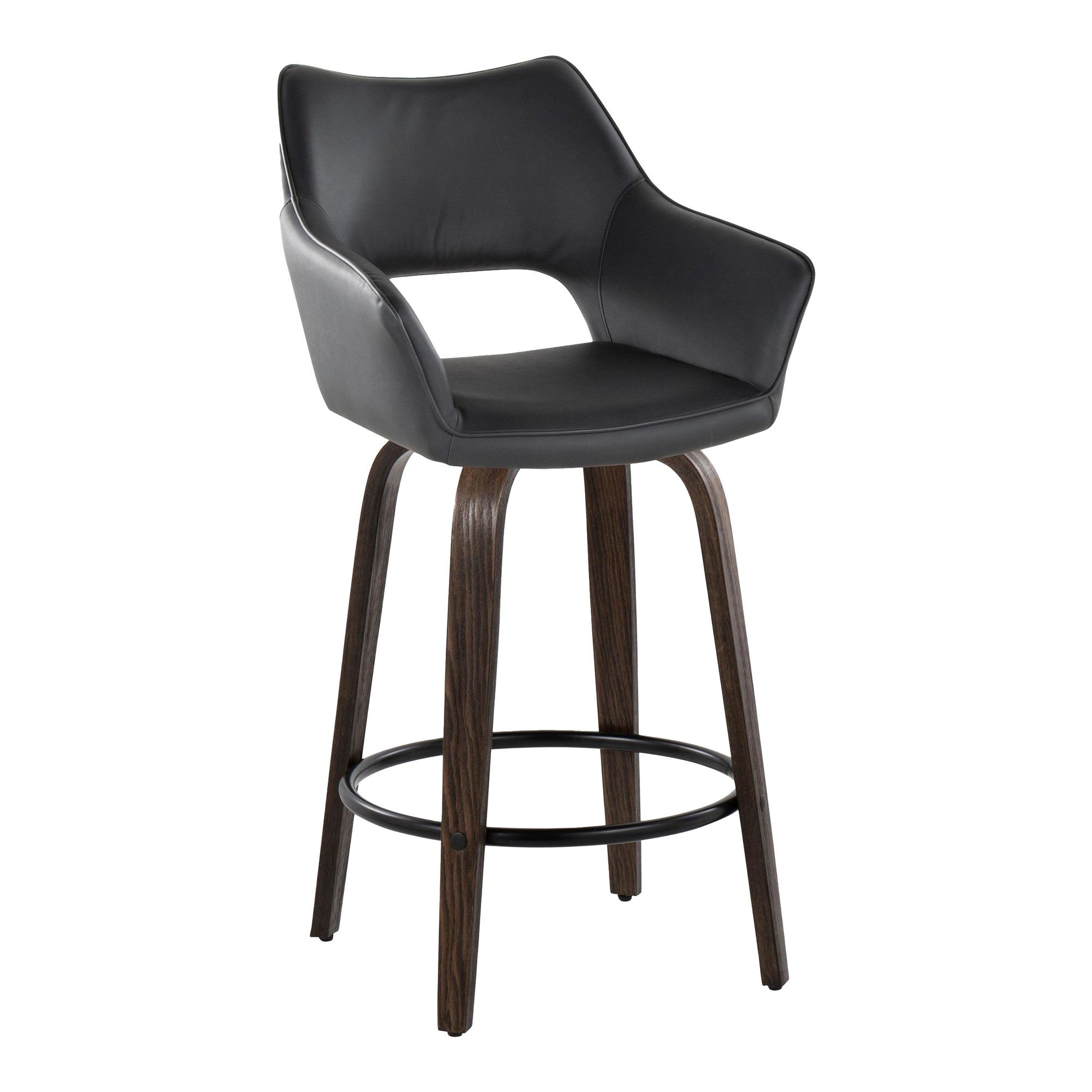 Mustang 26" Fixed-Height Counter Stool - Set of 2 - Walnut Glazed Wood, Black PU, Black Metal