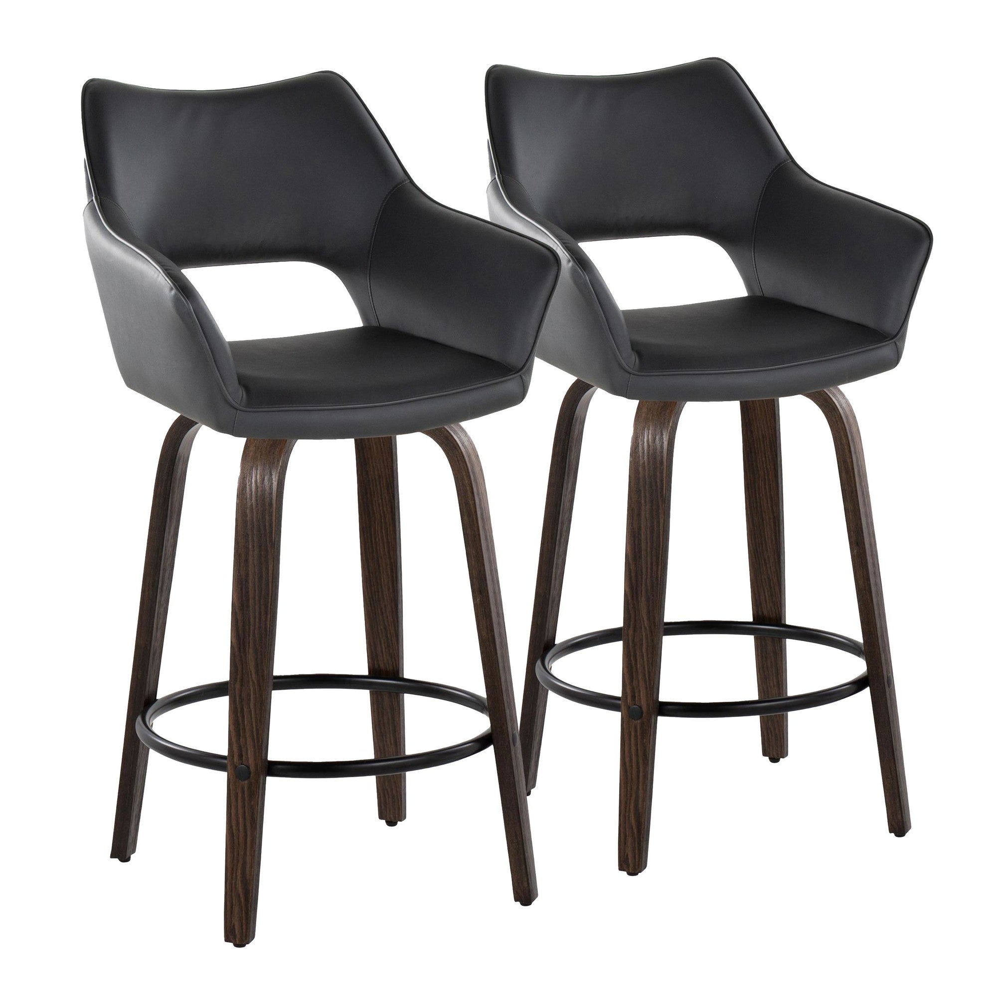 Mustang 26" Fixed-Height Counter Stool - Set of 2 - Walnut Glazed Wood, Black PU, Black Metal