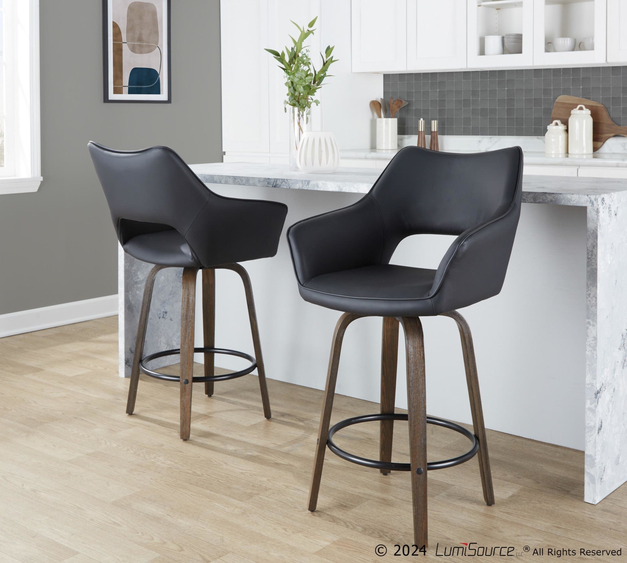 Mustang 26" Fixed-Height Counter Stool - Set of 2 - Walnut Glazed Wood, Black PU, Black Metal
