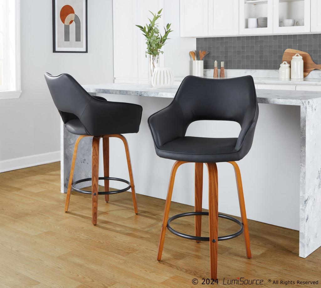 Mustang 26" Fixed-Height Counter Stool - Set of 2 - Walnut Wood, Black PU, Black Metal
