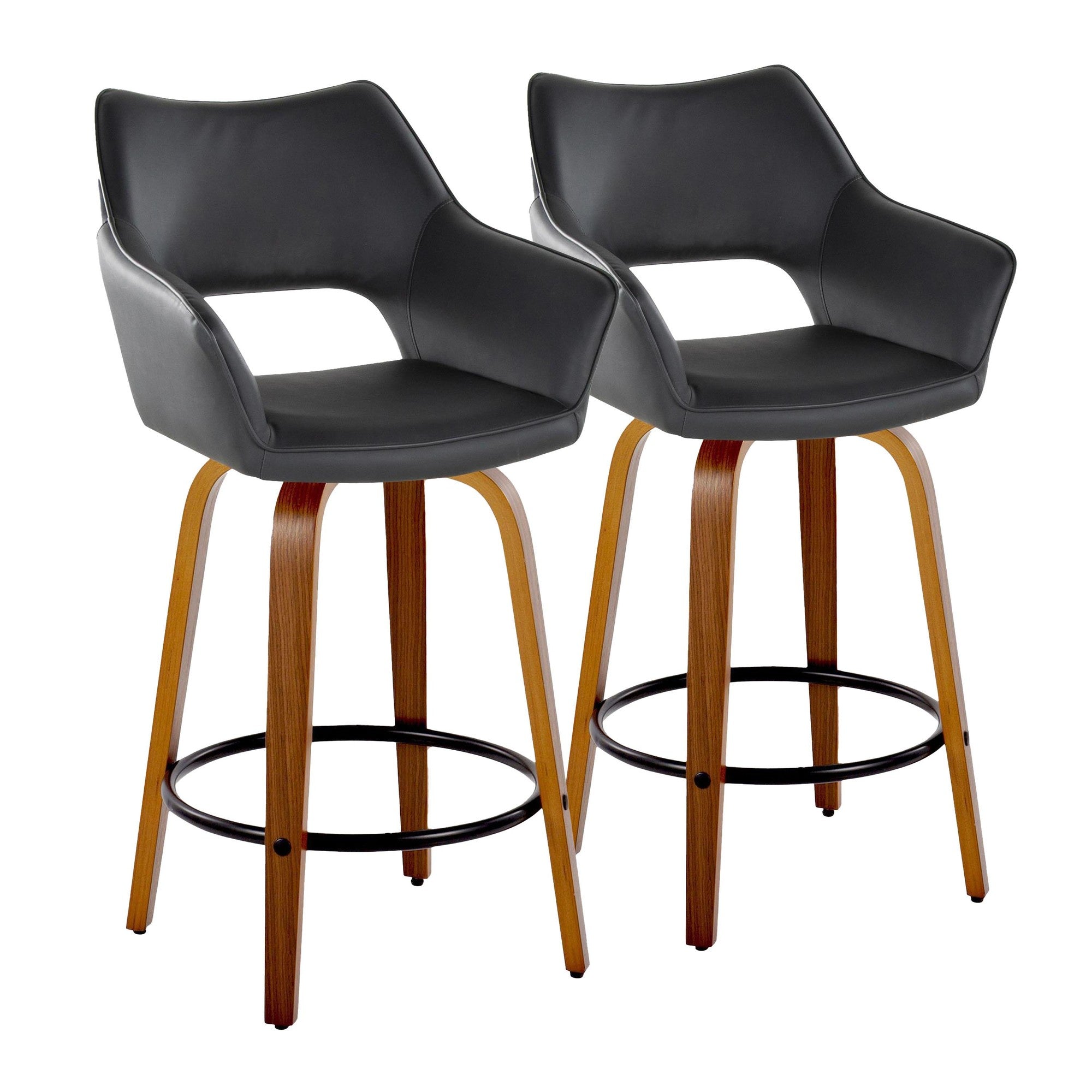 Mustang 26" Fixed-Height Counter Stool - Set of 2 - Walnut Wood, Black PU, Black Metal