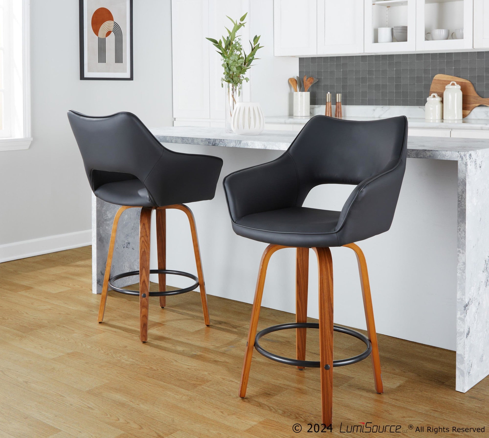 Mustang 26" Fixed-Height Counter Stool - Set of 2 - Walnut Wood, Black PU, Black Metal