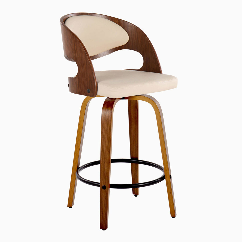 Pino 26" Fixed-Height Counter Stool - Set of 2 - Walnut Wood, Cream PU, Black Metal