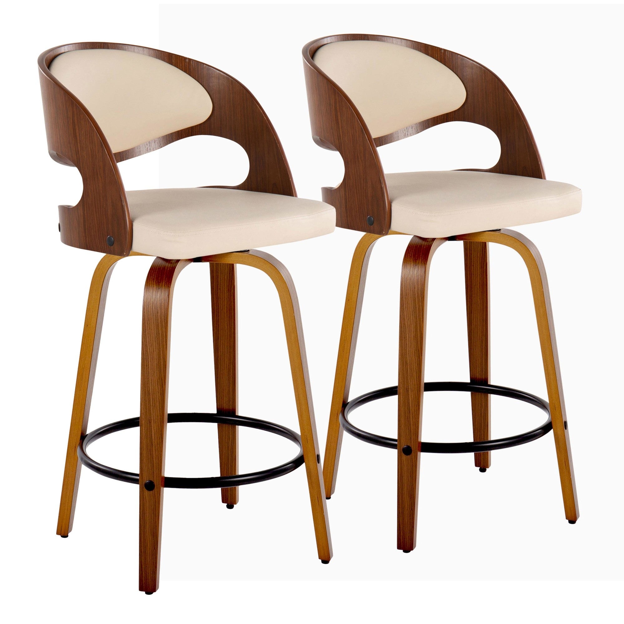 Pino 26" Fixed-Height Counter Stool - Set of 2 - Walnut Wood, Cream PU, Black Metal