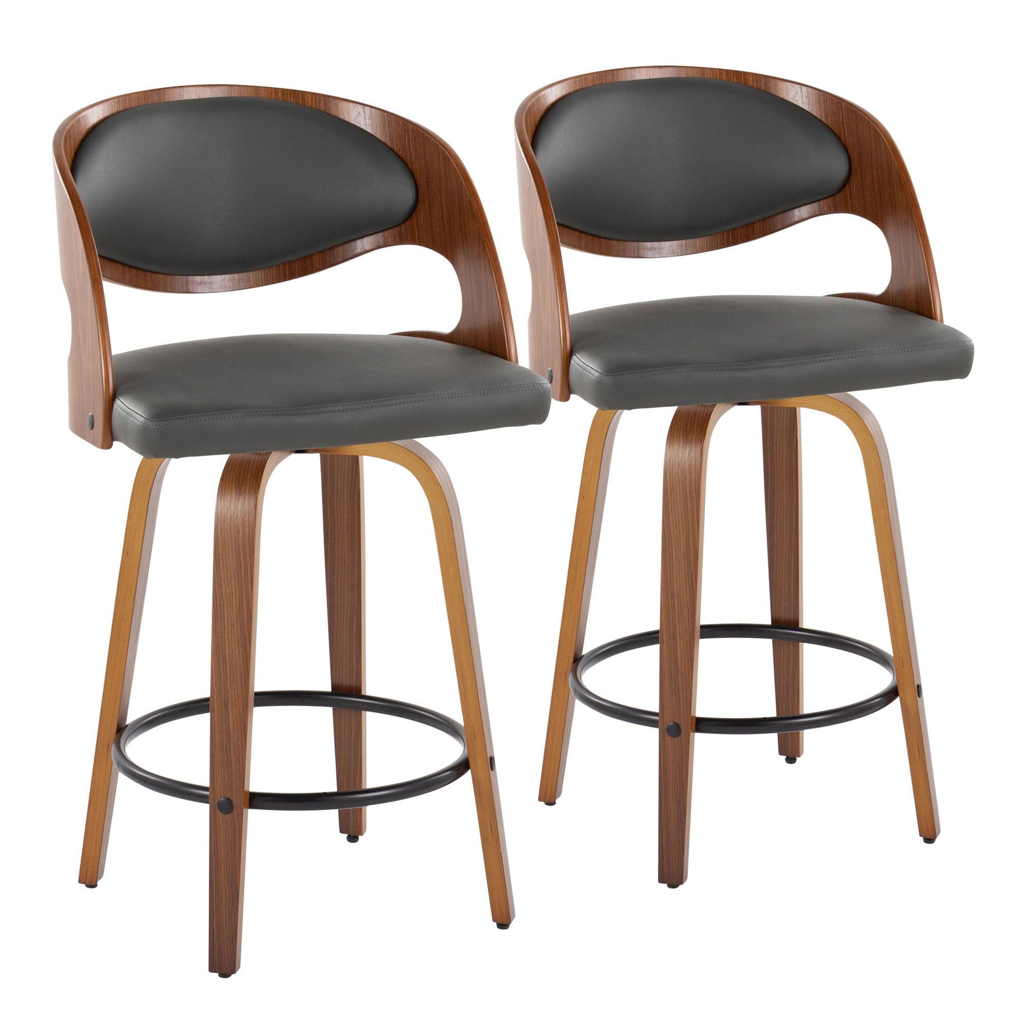 Pino 26" Fixed-Height Counter Stool - Set of 2 - Walnut Wood, Grey PU