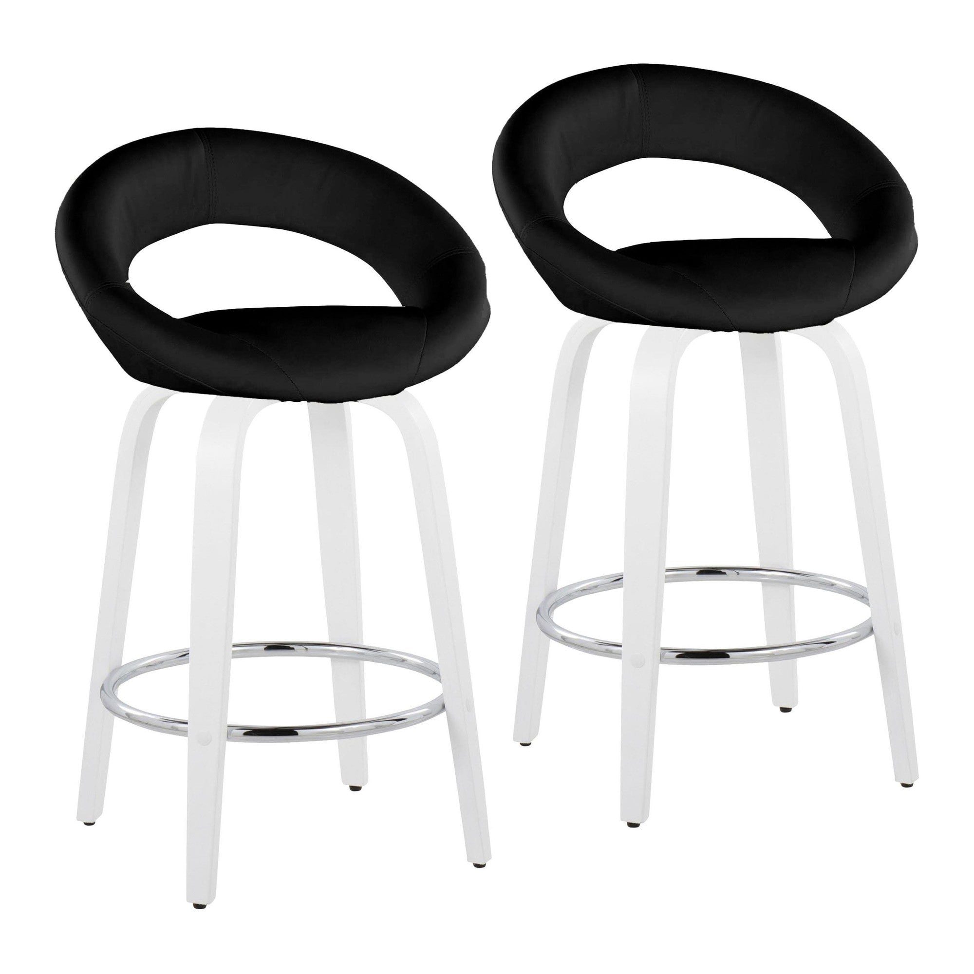 Posh 26" Fixed-Height Counter Stool - Set of 2 - White Wood, Black PU, Chrome Metal