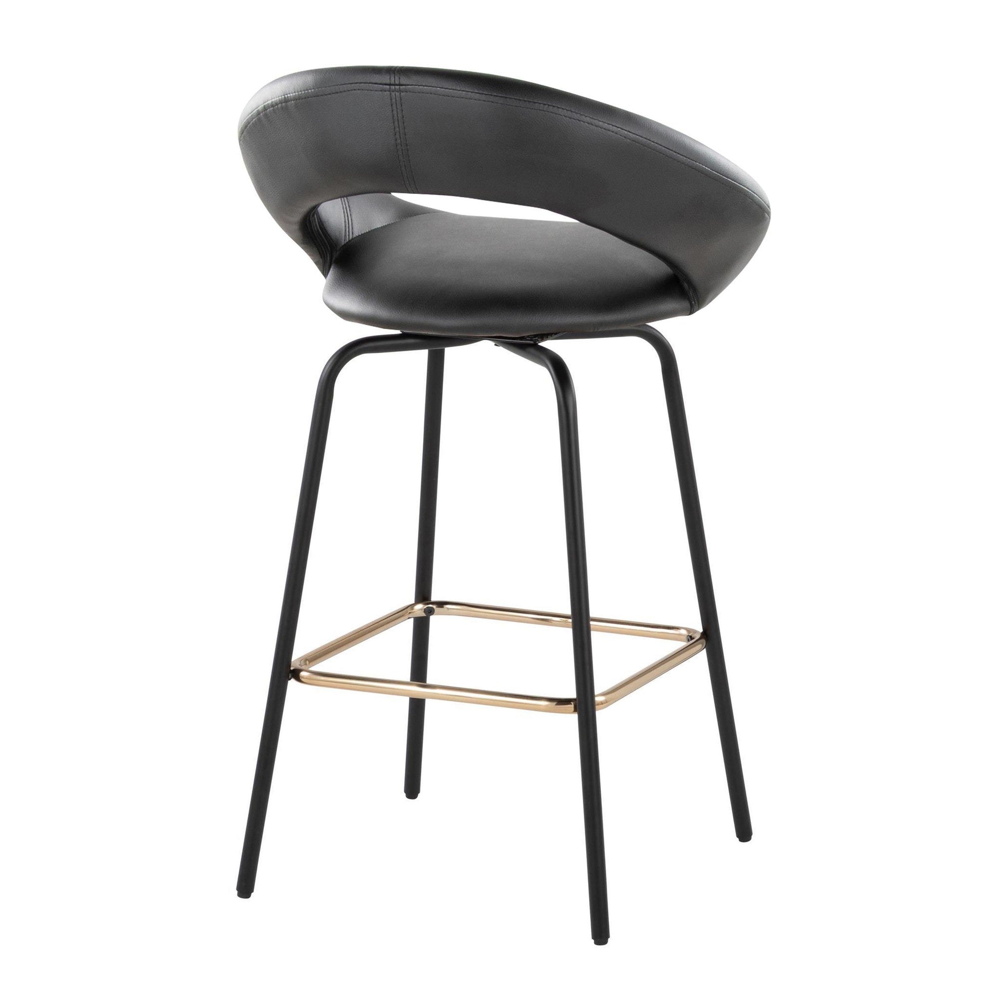 Posh 26" Fixed-Height Counter Stool - Set of 2 - Black Metal, Black Pu, Gold Metal
