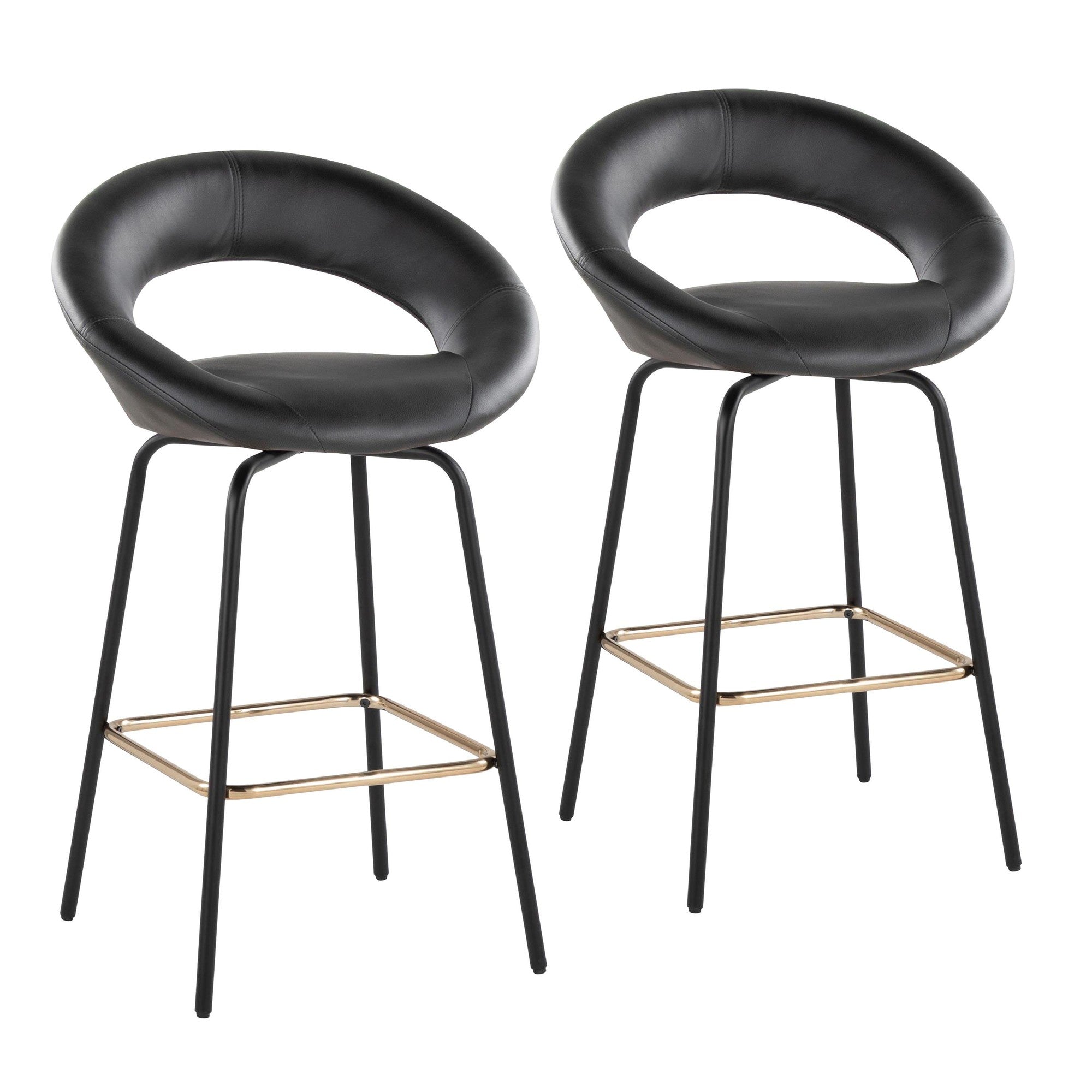 Posh 26" Fixed-Height Counter Stool - Set of 2 - Black Metal, Black Pu, Gold Metal