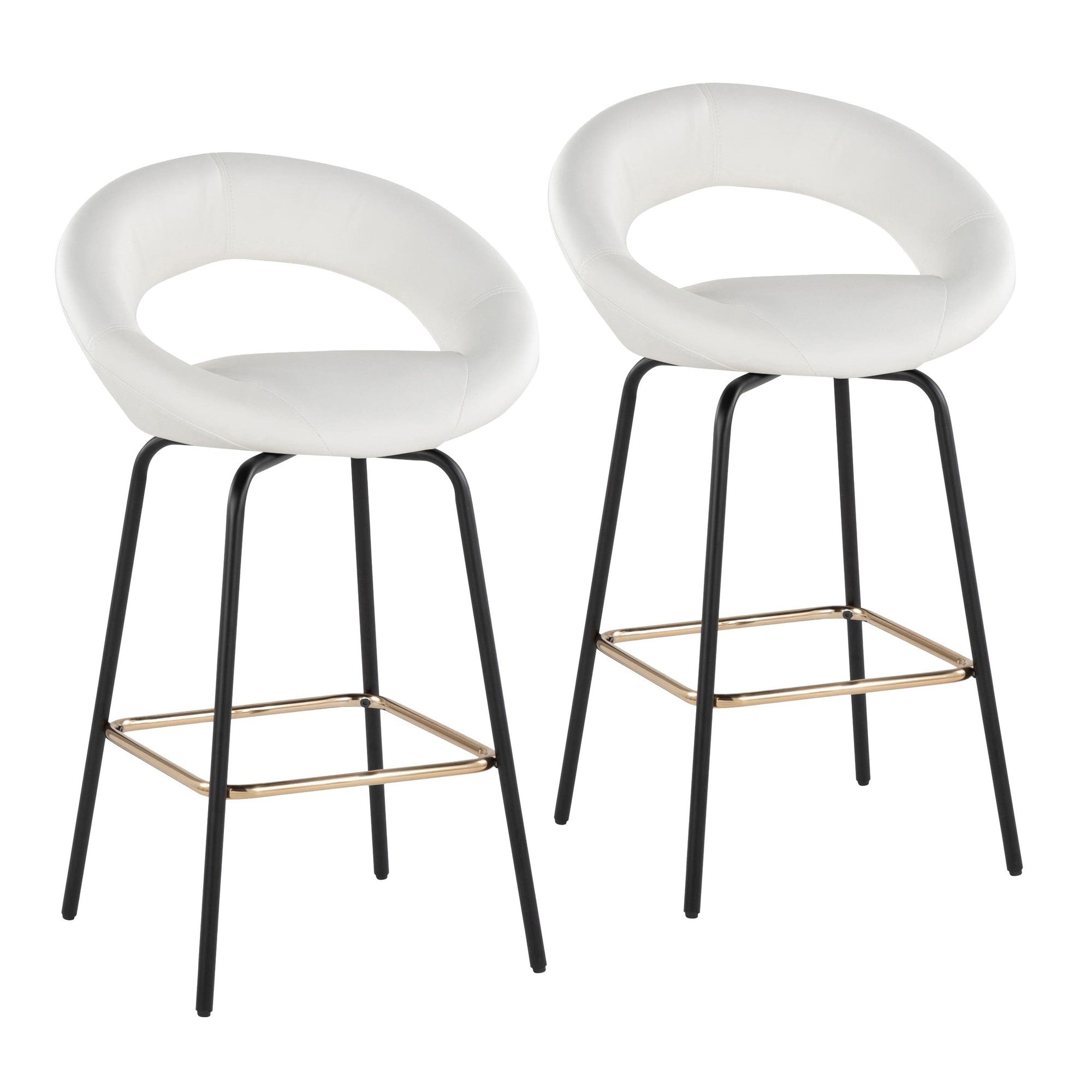 Posh 26" Fixed-Height Counter Stool - Set of 2 - Black Metal, White Pu, Gold Metal