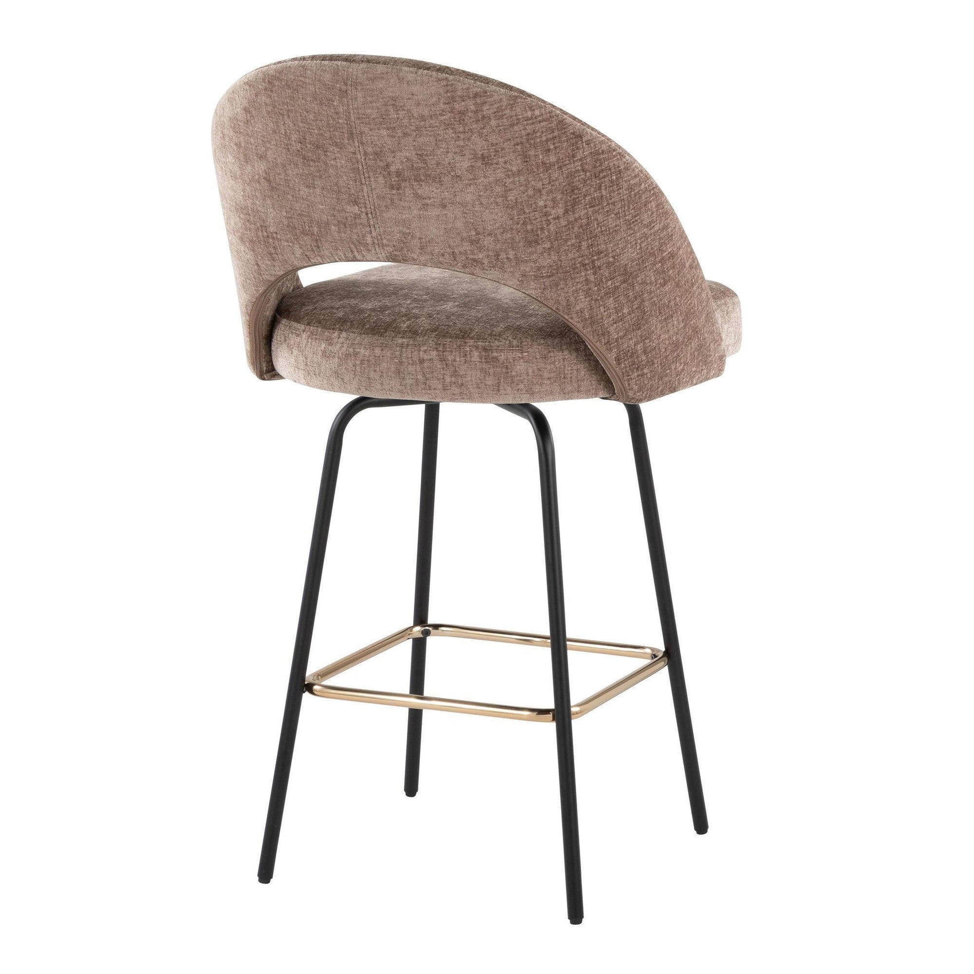 Renee Upholstered 26" Fixed-Height Counter Stool - Set of 2 - Black Metal, Brown Fabric, Gold Metal