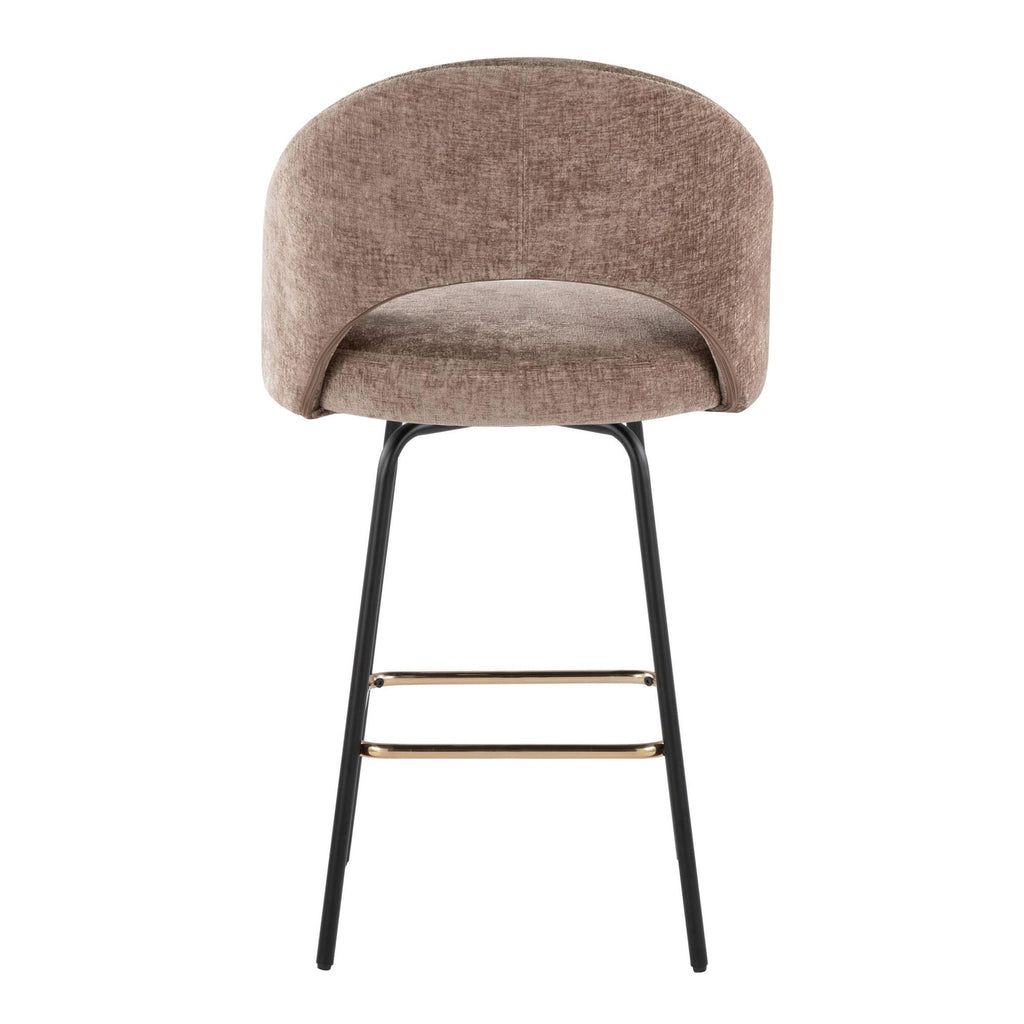 Renee Upholstered 26" Fixed-Height Counter Stool - Set of 2 - Black Metal, Brown Fabric, Gold Metal