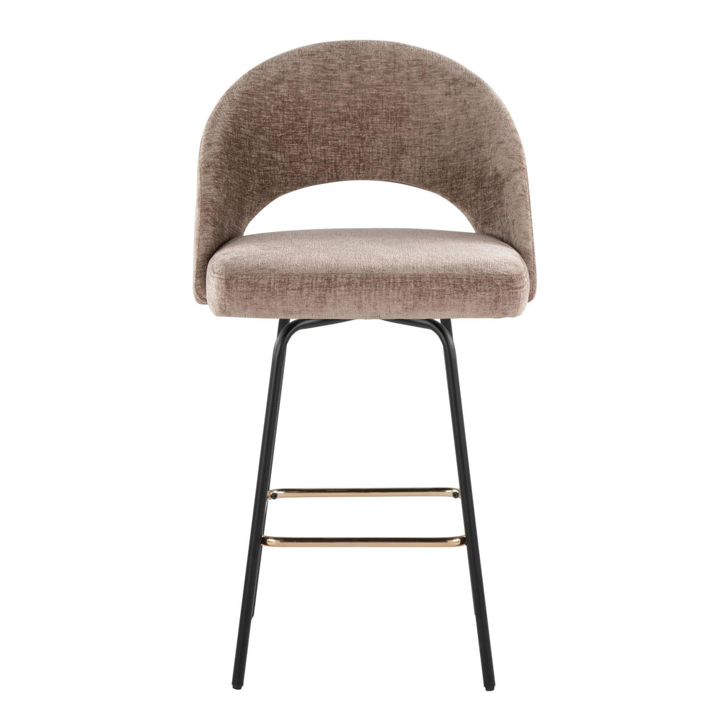 Renee Upholstered 26" Fixed-Height Counter Stool - Set of 2 - Black Metal, Brown Fabric, Gold Metal