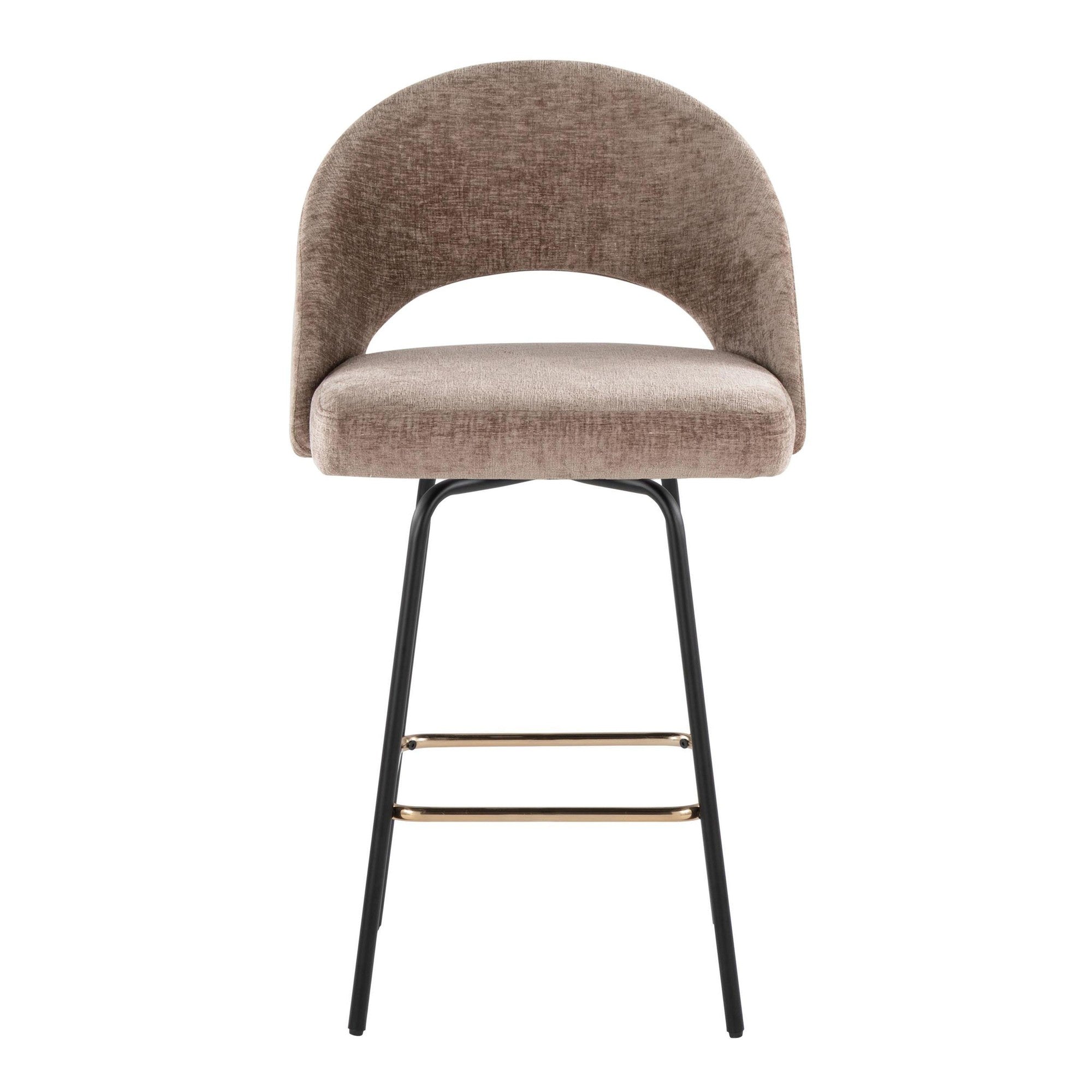 Renee Upholstered 26" Fixed-Height Counter Stool - Set of 2 - Black Metal, Brown Fabric, Gold Metal