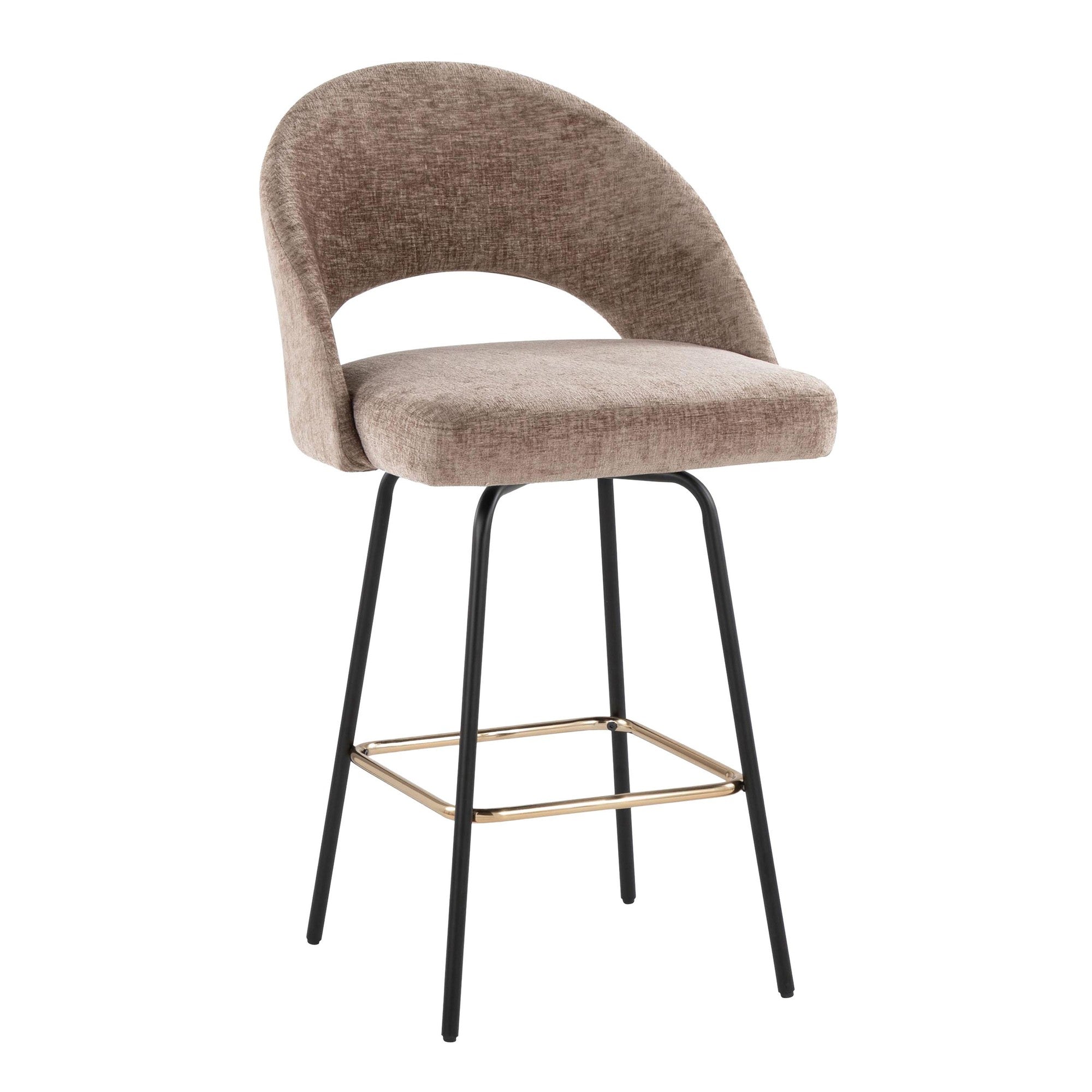 Renee Upholstered 26" Fixed-Height Counter Stool - Set of 2 - Black Metal, Brown Fabric, Gold Metal
