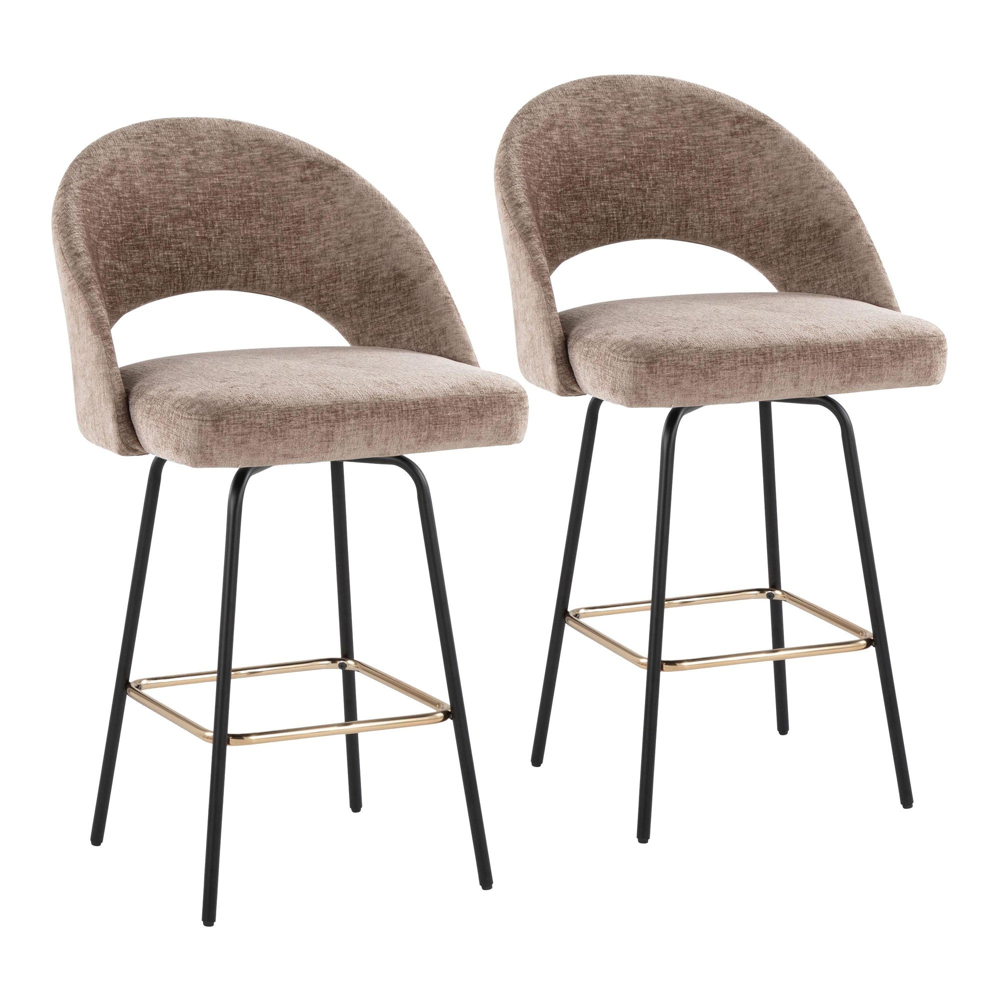 Renee Upholstered 26" Fixed-Height Counter Stool - Set of 2 - Black Metal, Brown Fabric, Gold Metal