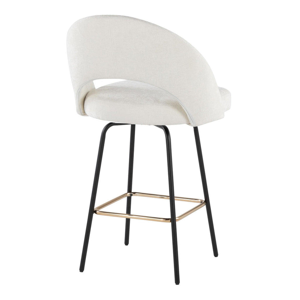 Renee Upholstered 26" Fixed-Height Counter Stool - Set of 2 - Black Metal, Cream Fabric, Gold Metal