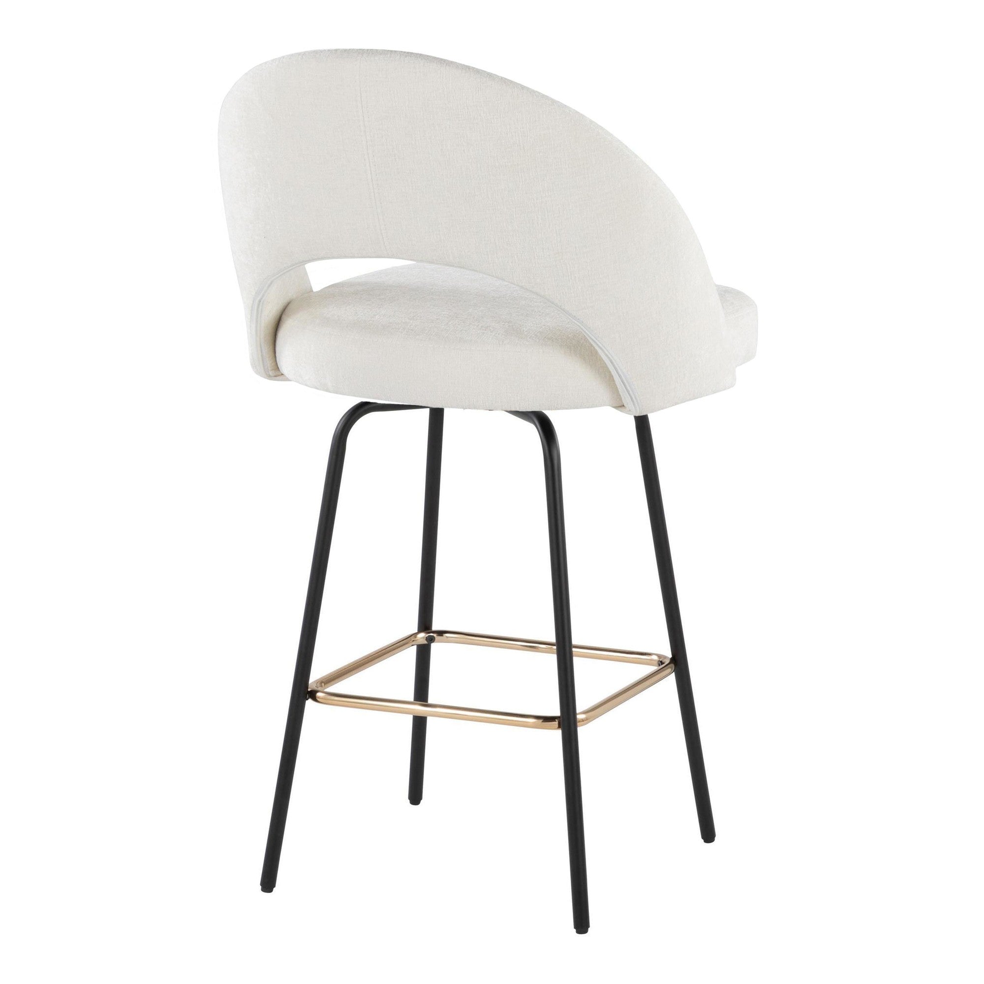 Renee Upholstered 26" Fixed-Height Counter Stool - Set of 2 - Black Metal, Cream Fabric, Gold Metal