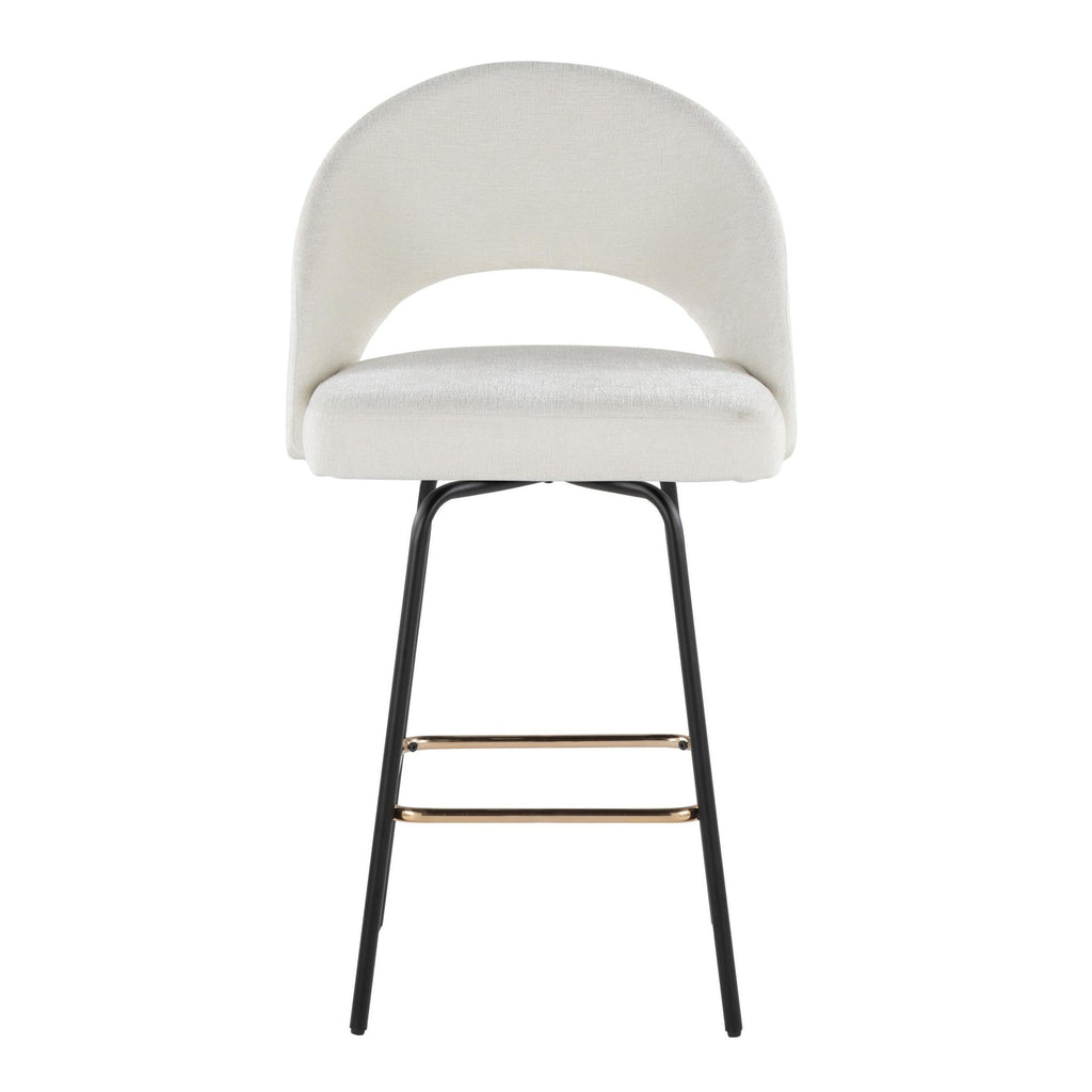 Renee Upholstered 26" Fixed-Height Counter Stool - Set of 2 - Black Metal, Cream Fabric, Gold Metal