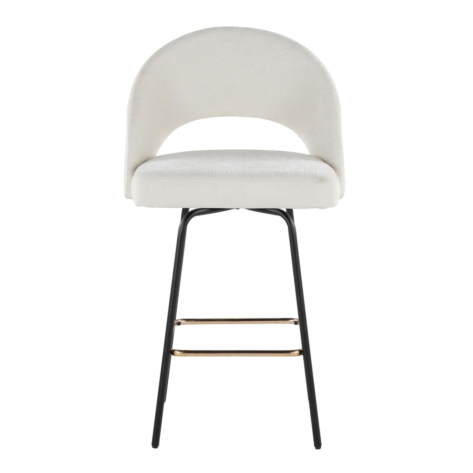 Renee Upholstered 26" Fixed-Height Counter Stool - Set of 2 - Black Metal, Cream Fabric, Gold Metal