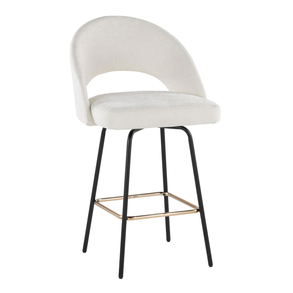Renee Upholstered 26" Fixed-Height Counter Stool - Set of 2 - Black Metal, Cream Fabric, Gold Metal