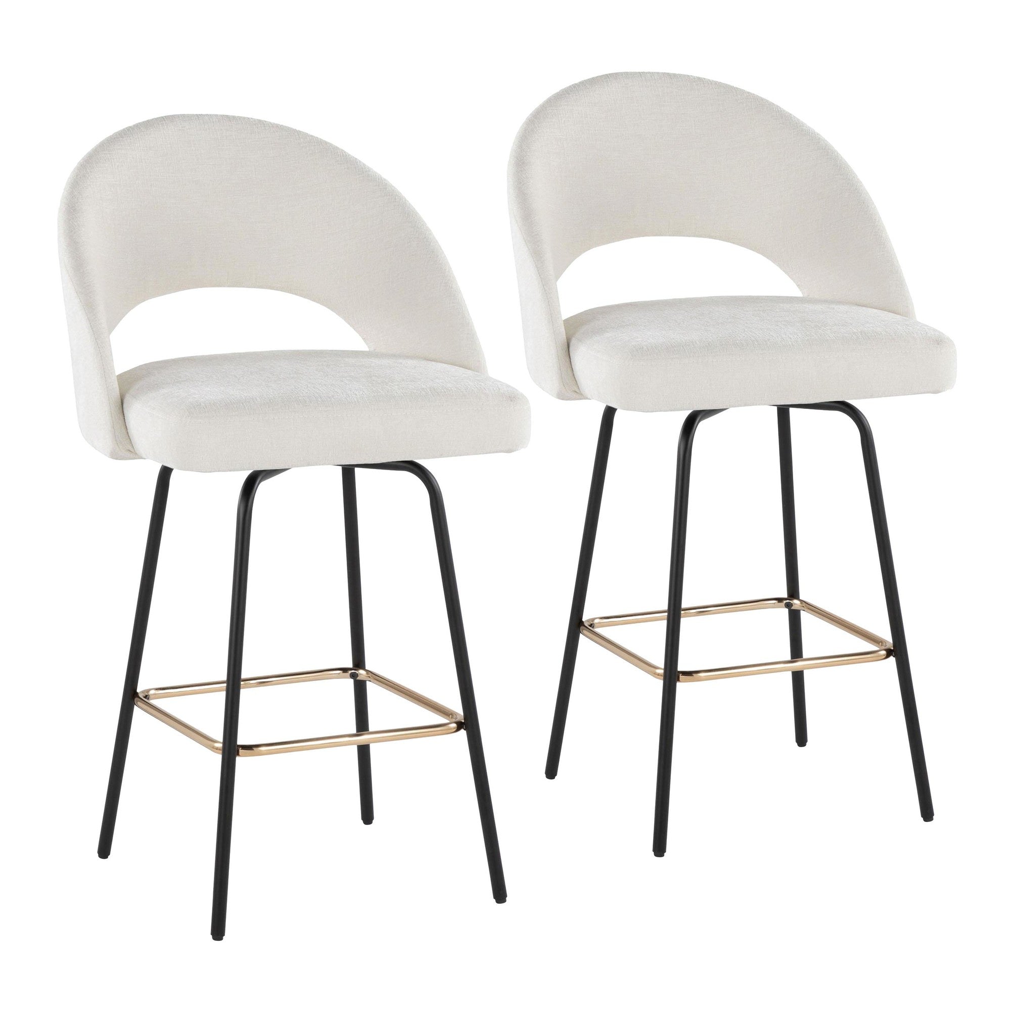 Renee Upholstered 26" Fixed-Height Counter Stool - Set of 2 - Black Metal, Cream Fabric, Gold Metal