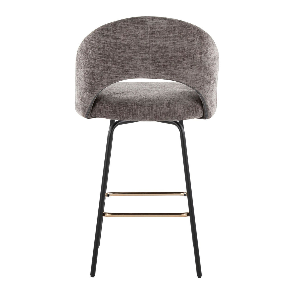 Renee Upholstered 26" Fixed-Height Counter Stool - Set of 2 - Black Metal, Grey Fabric, Gold Metal