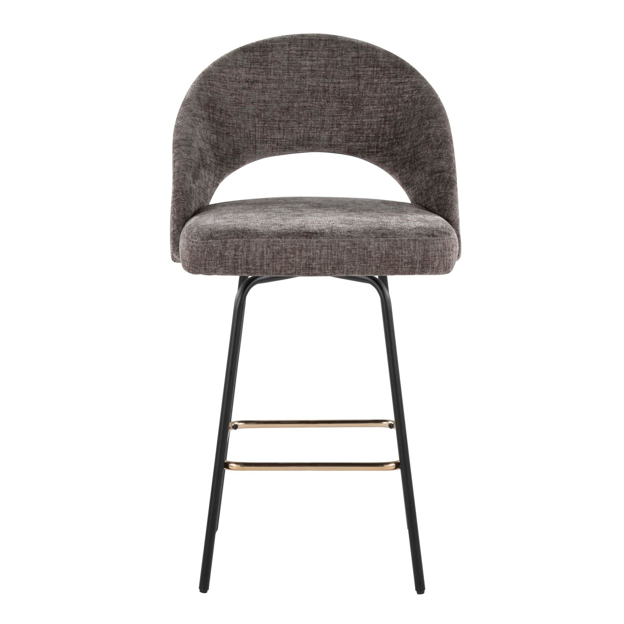 Renee Upholstered 26" Fixed-Height Counter Stool - Set of 2 - Black Metal, Grey Fabric, Gold Metal