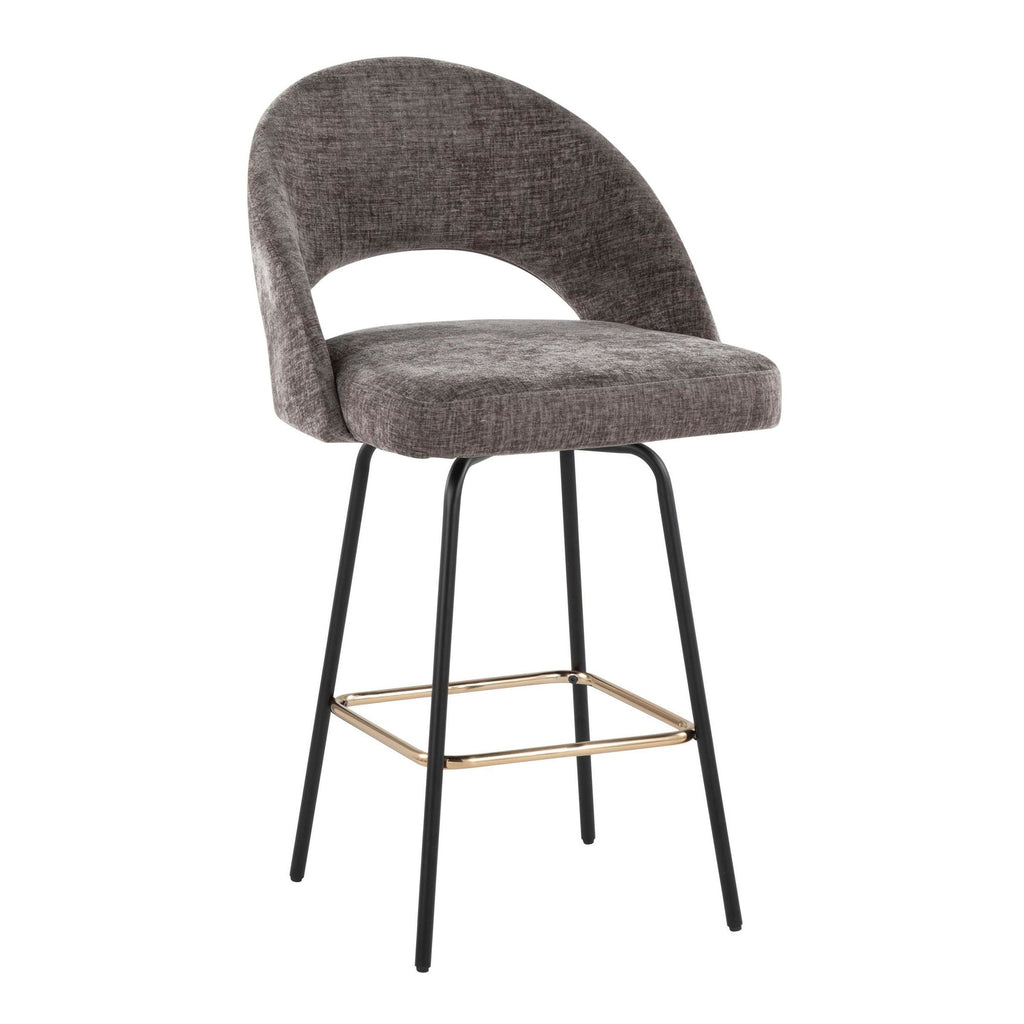 Renee Upholstered 26" Fixed-Height Counter Stool - Set of 2 - Black Metal, Grey Fabric, Gold Metal