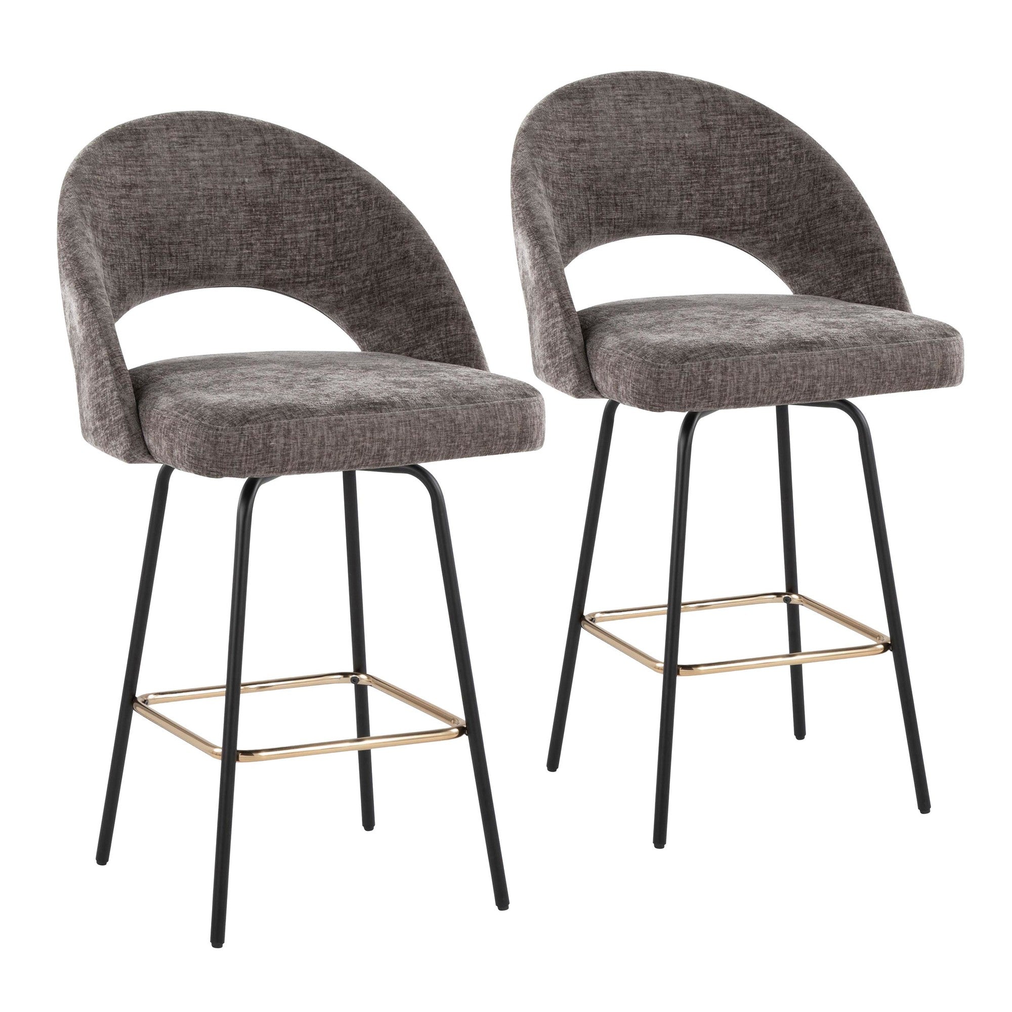 Renee Upholstered 26" Fixed-Height Counter Stool - Set of 2 - Black Metal, Grey Fabric, Gold Metal